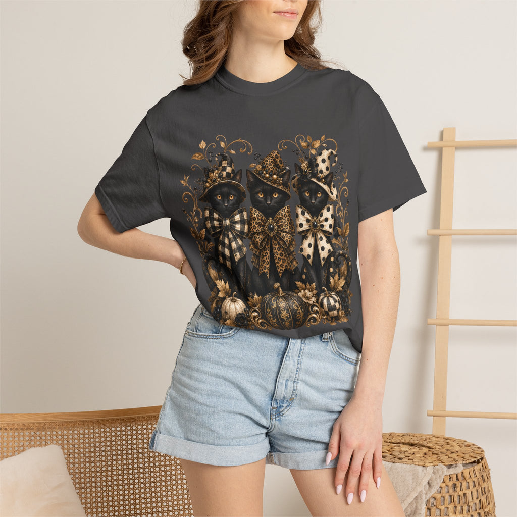 Halloween Black Cats & Pumpkins T-Shirt — Autumn Spooky Vintage Tee. Midnight Eye, LLC