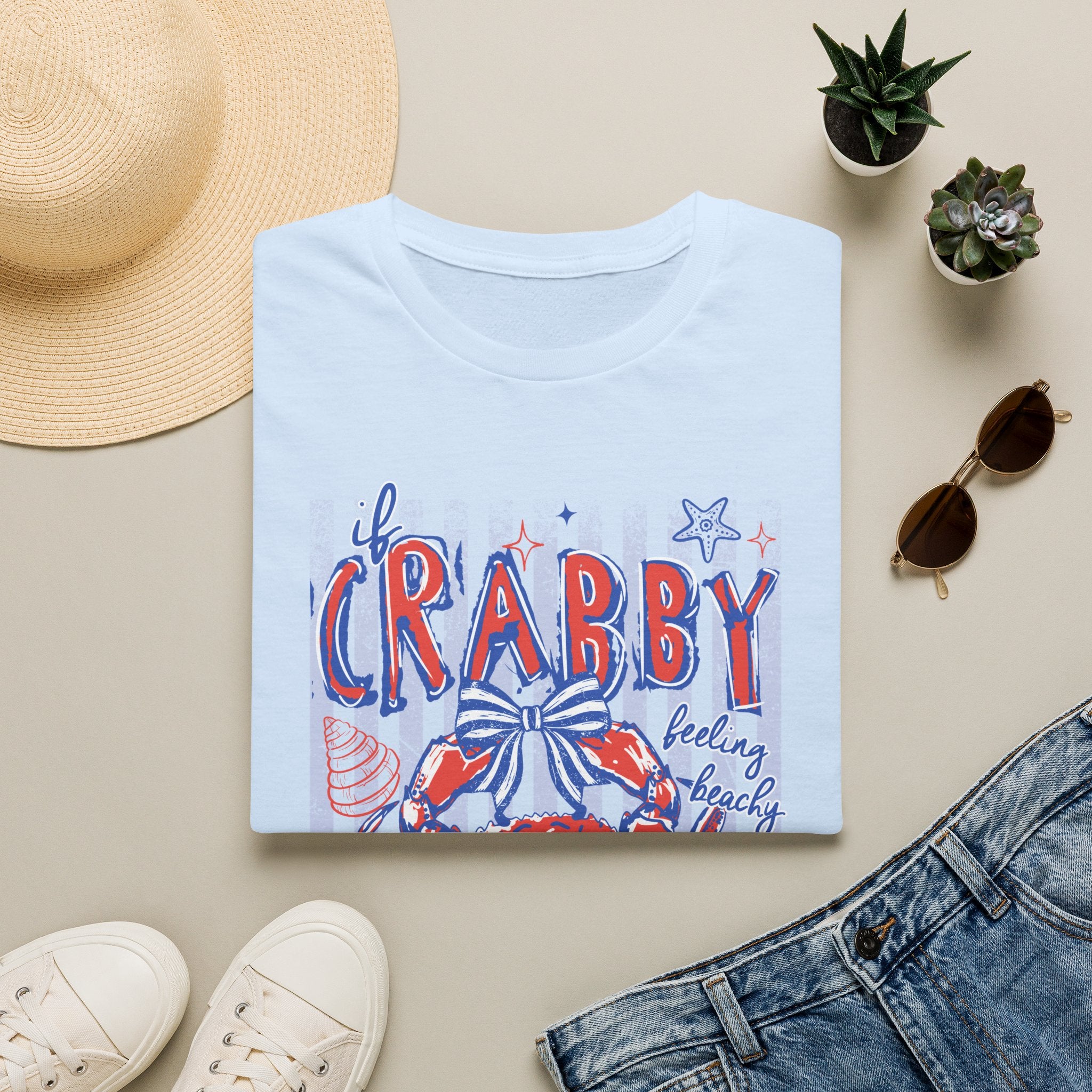 Crabby Beach T-Shirt — "If Crabby, Please Return to the Beach" Funny Summer Tee. Midnight Eye LLC.