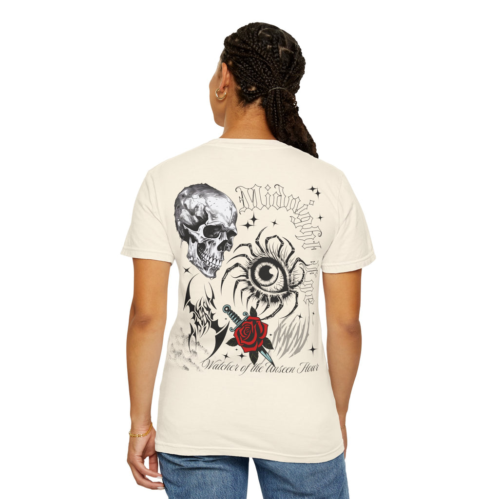 Graphic Skull & Red Rose Gothic T‑Shirt - Edgy Streetwear T-Shirt - Vintage Tee - Dark Aesthetic Tee - Midnight Eye, LLC