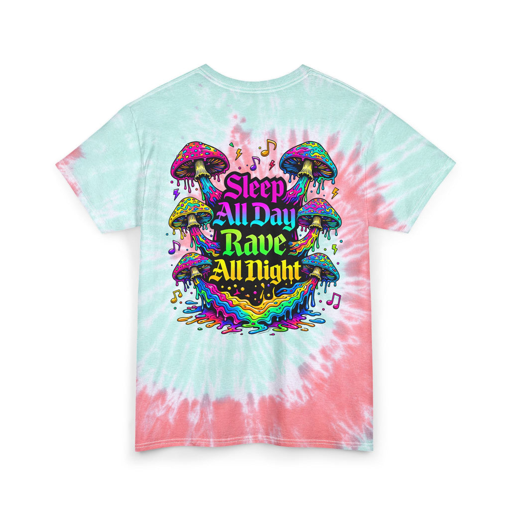 Tie Dye T‑Shirt — "Sleep All Day, Rave All Night" Psychedelic Mushroom Tee - Midnight Eye, LLC