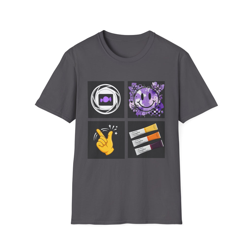 Women's Tee — Retro Purple Icons: Smiley, Peace Sign & Cassette Graphic - Midnight Eye, LLC