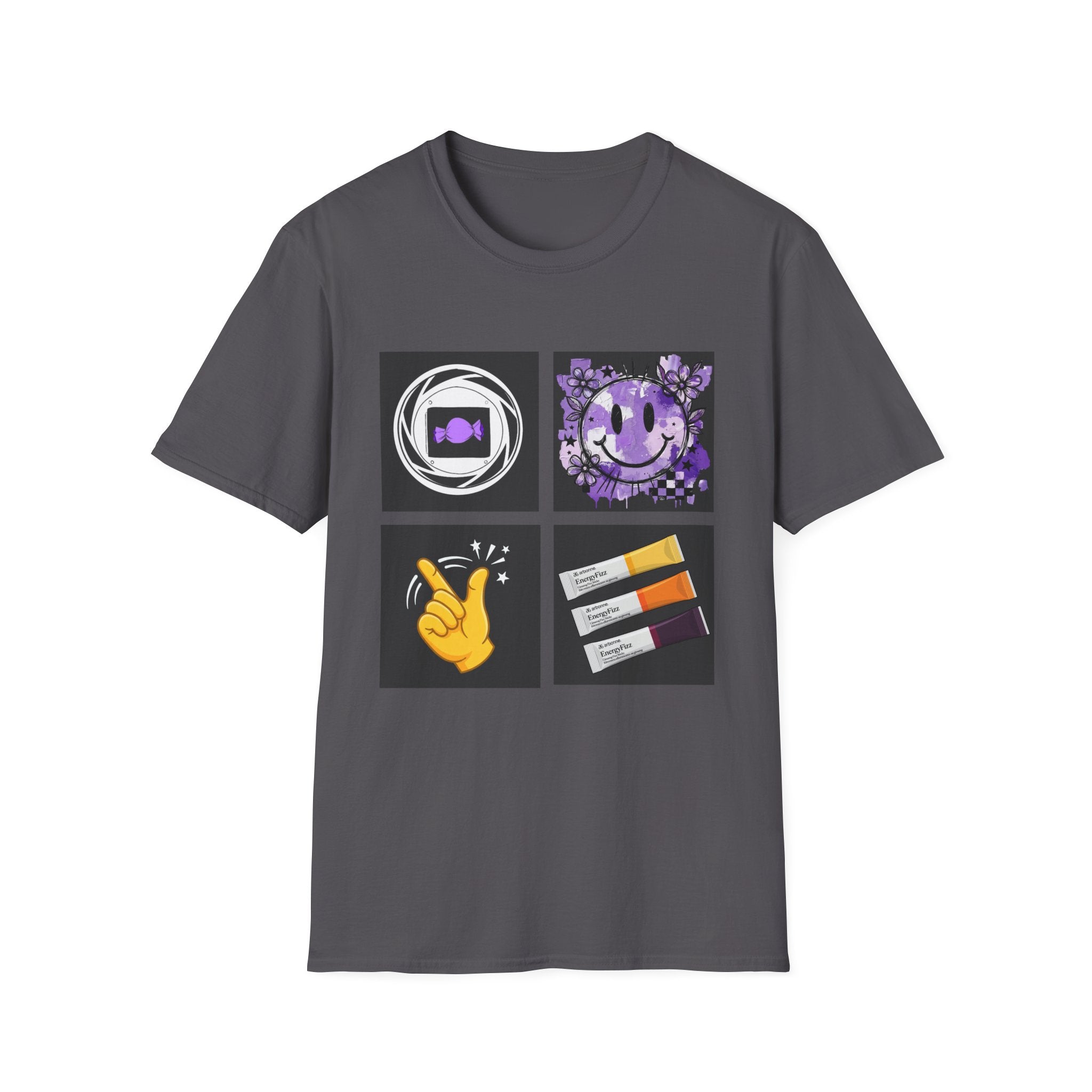 Women's Tee — Retro Purple Icons: Smiley, Peace Sign & Cassette Graphic - Midnight Eye, LLC