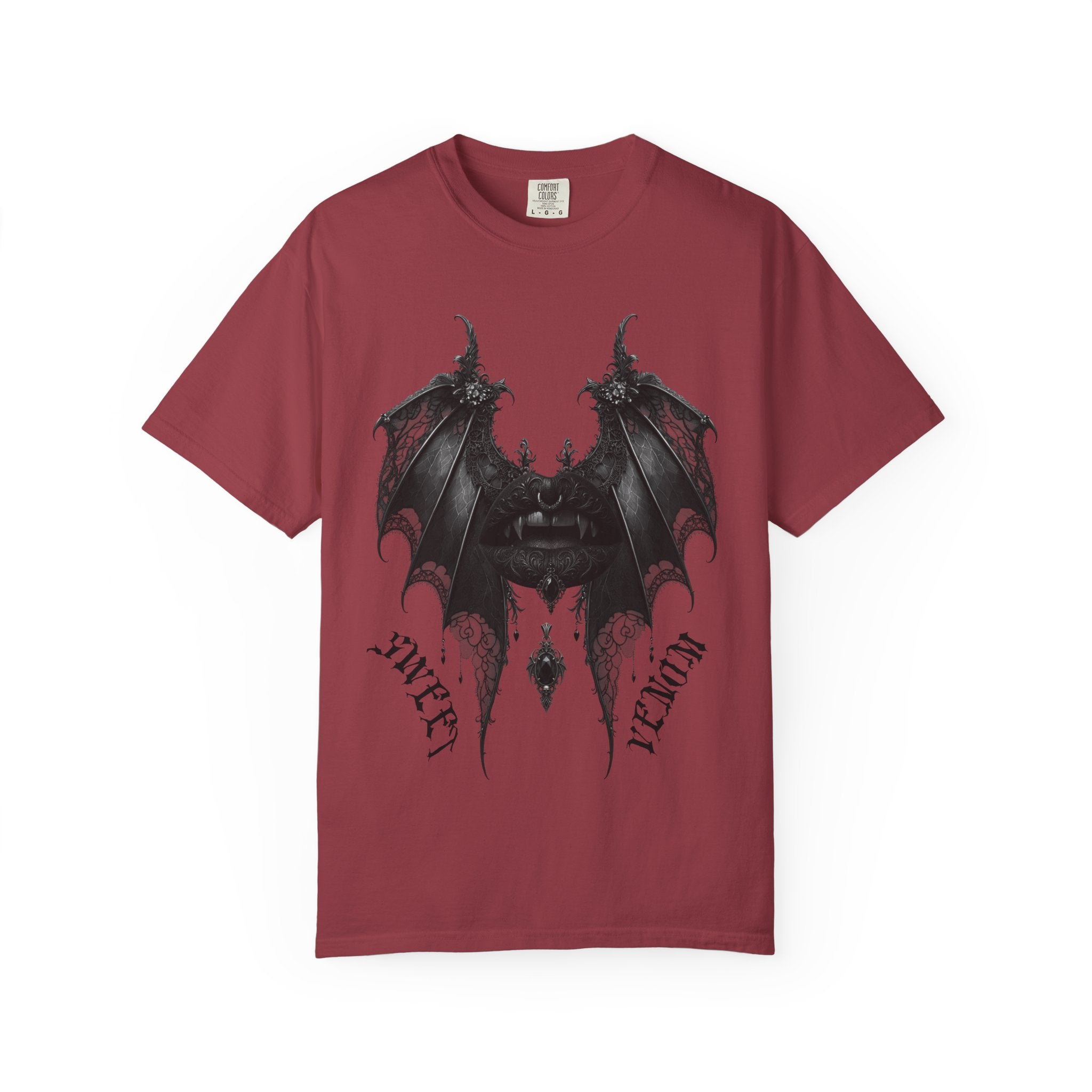 Gothic Bat Wings and Black Vampire Lips Graphic T-shirt - Gothic Black Lips Tee. Midnight Eye, LLC
