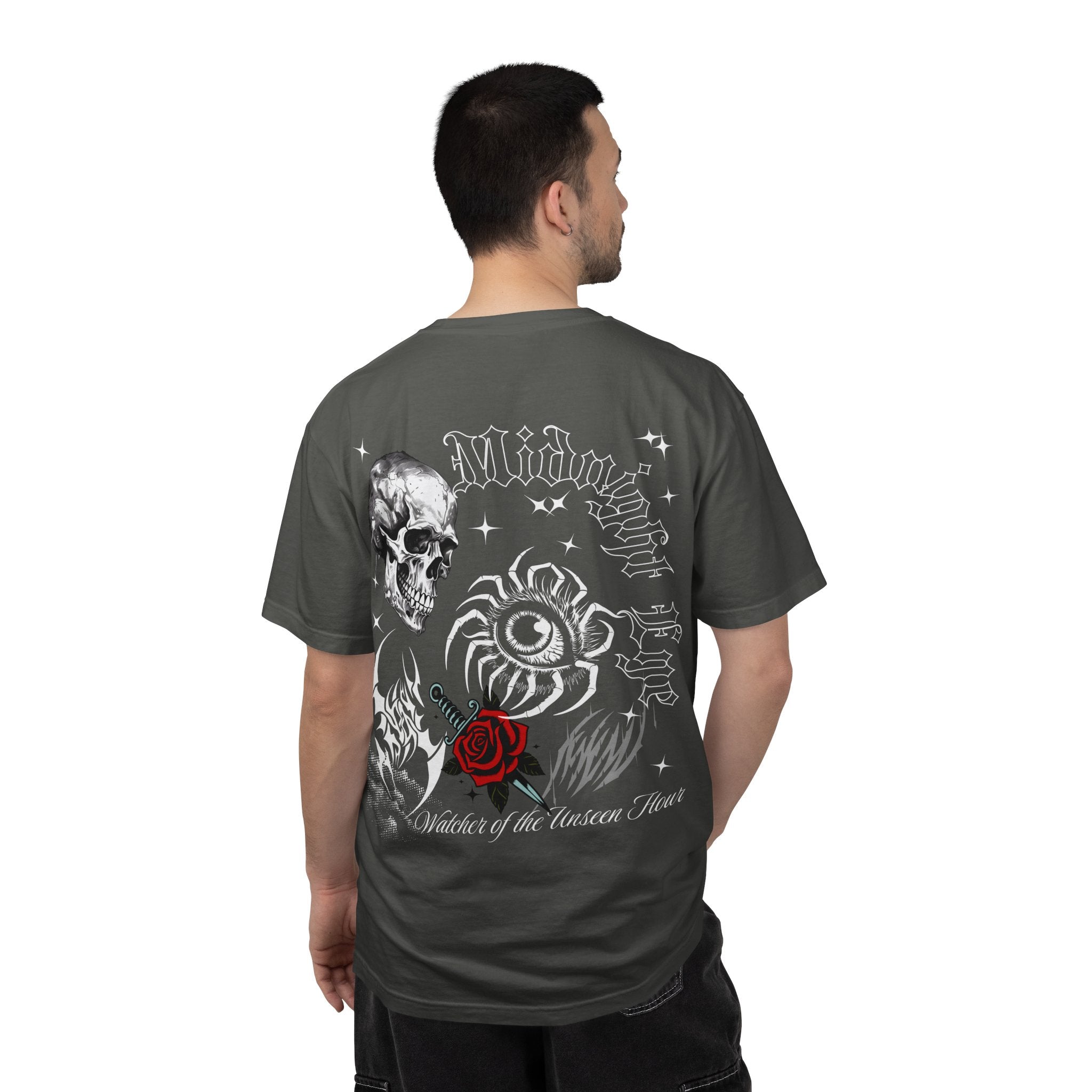 Skull & Red Rose Graphic T-Shirt — Midnight Rose Back Print - Eye T-Shirt - Mystical Tee - Dark Aesthetic Tee - Midnight Eye, LLC