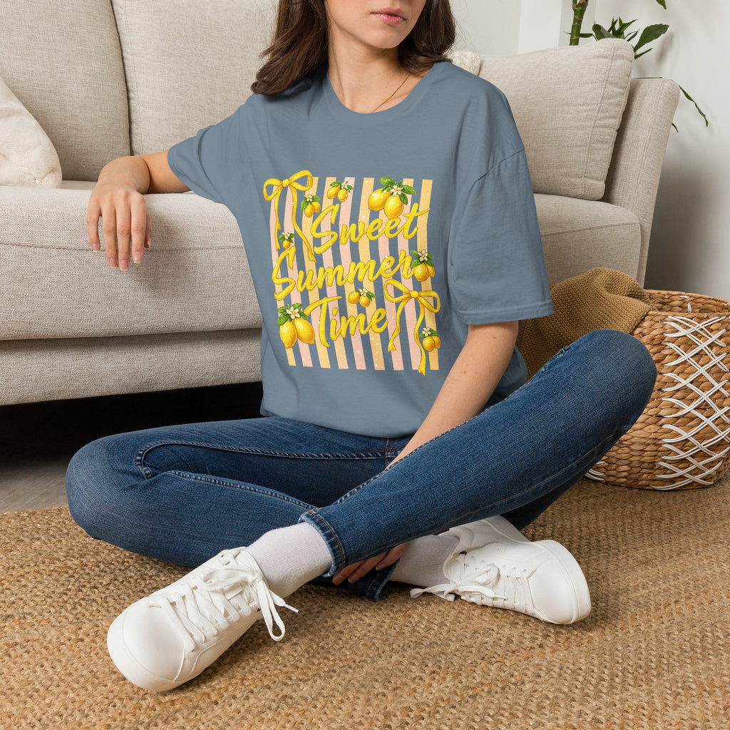 Sweet Summer Lemon Striped T-Shirt - Cute Bows Colorful Summer T-Shirt. Midnight Eye, LLC.