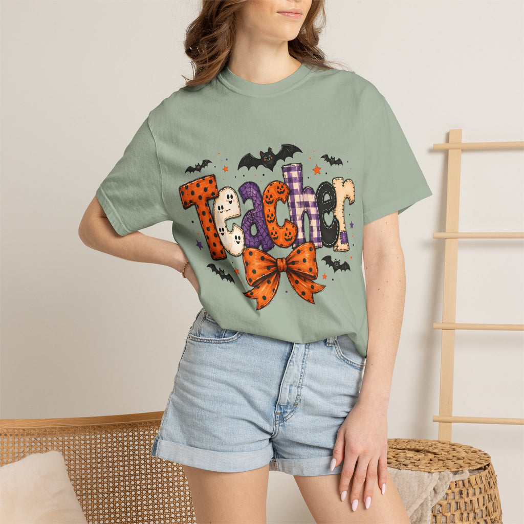 Teacher Halloween T-Shirt — Cute Spooky 'Teacher' Design with Bats & Bow