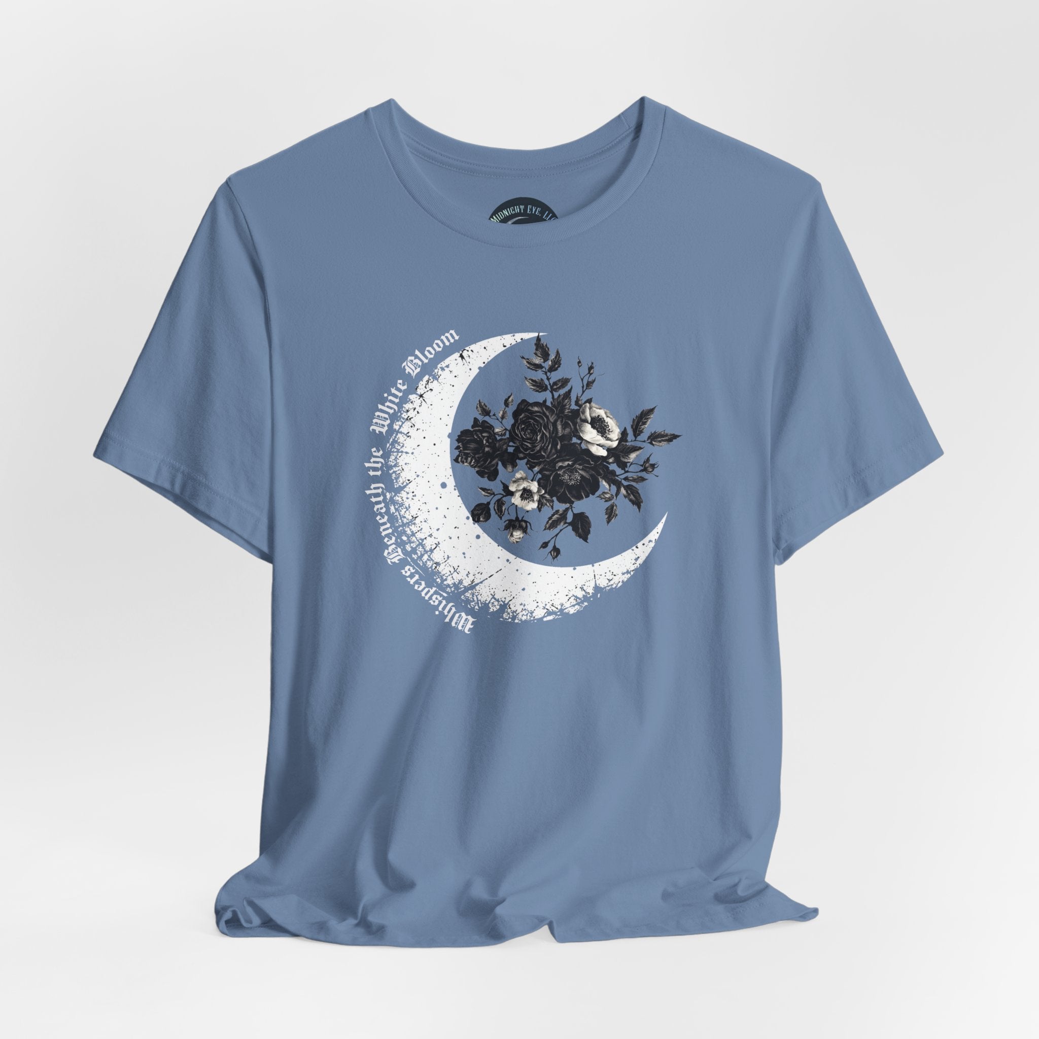 Moonflower Moon Tee — Floral Crescent Moon Graphic T-Shirt - Gothic Moon & Flowers Tee. Midnight Eye, LLC
