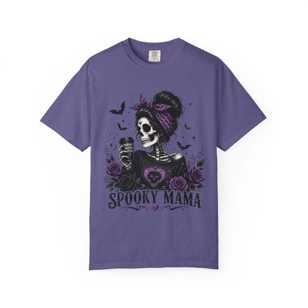 Spooky Mama T-Shirt — Gothic Skull  and Bats Mom Tee with Purple Roses. Midnight Eye, LLC. 