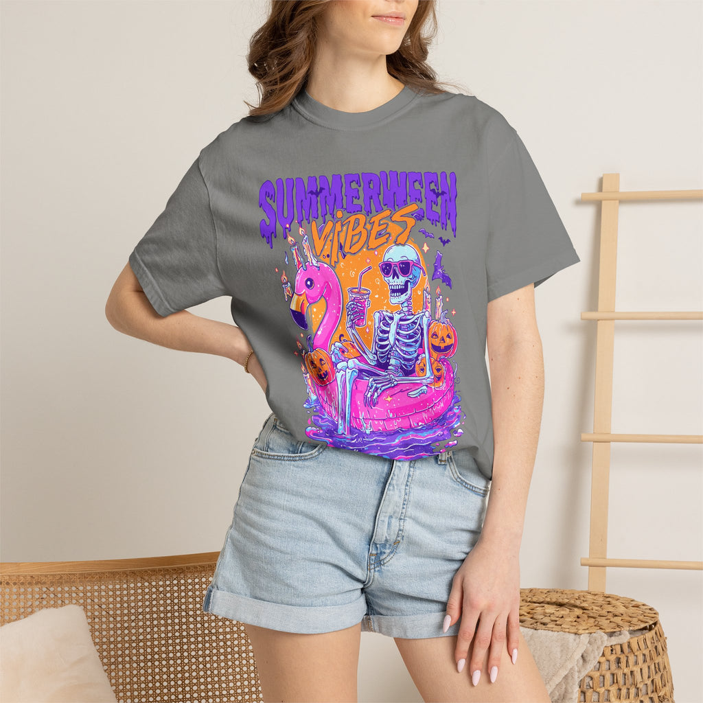Summerween Vibes T-Shirt — Flamingo Pool Skeleton Halloween in Summer Tee - Midnight Eye, LLC