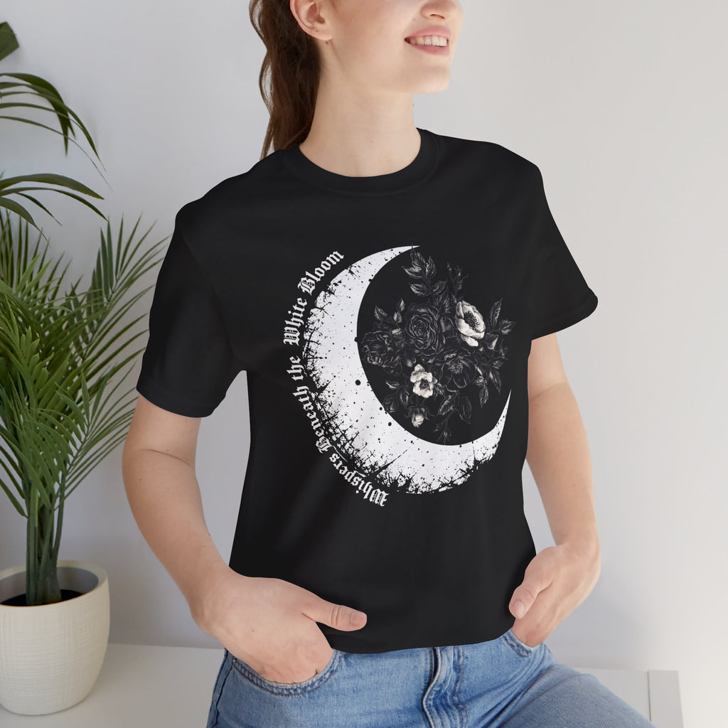 Moonflower Moon Tee — Floral Crescent Moon Graphic T-Shirt - Gothic Moon & Flowers Tee