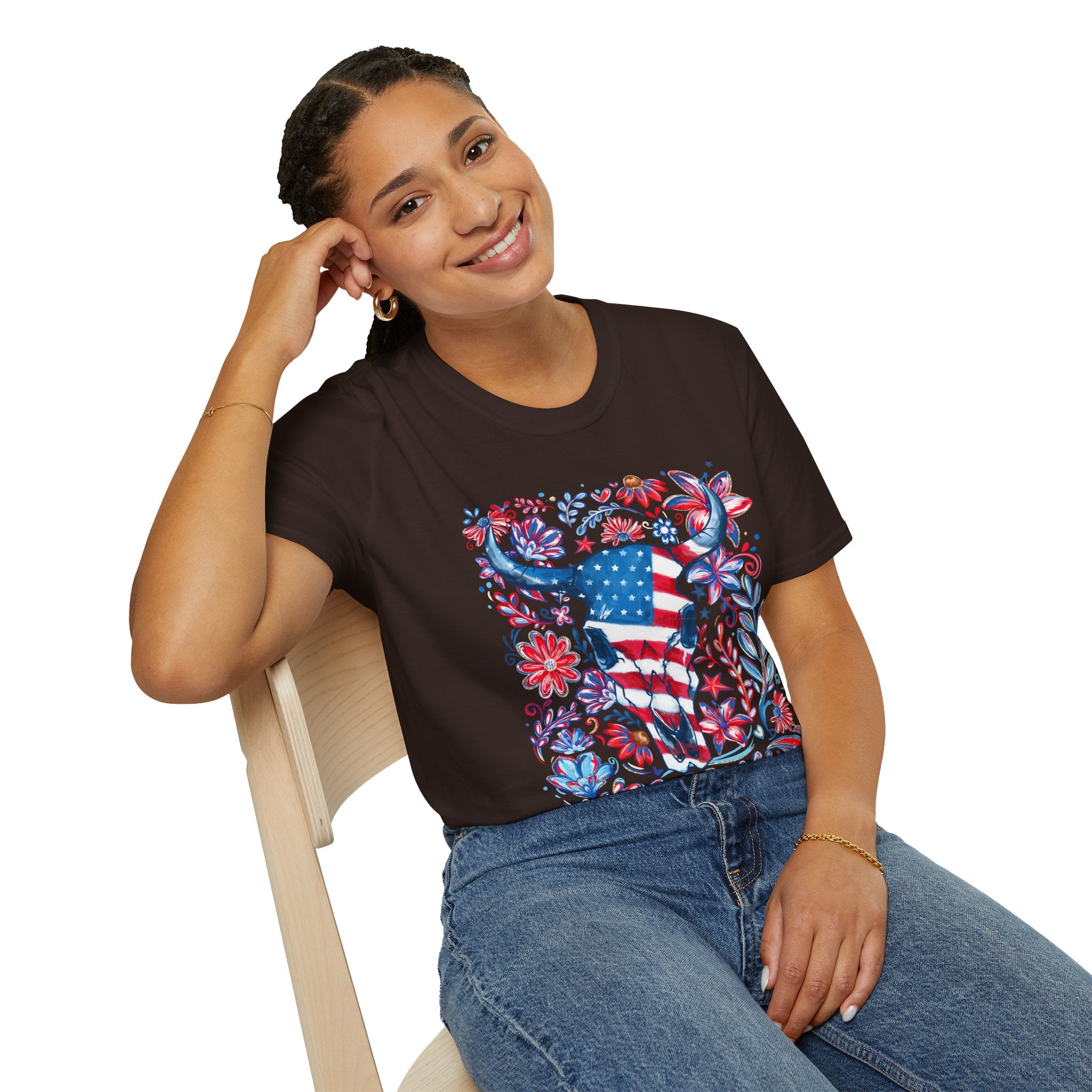 American Flag Longhorn T-Shirt — Patriotic Western Bull Tee for 4th of July - Midnight Eye, LLC