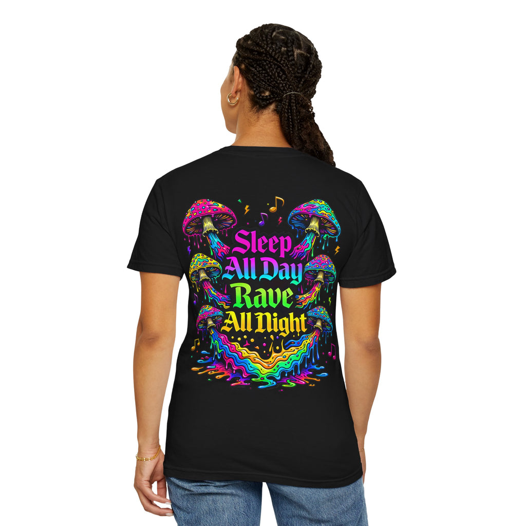 Rave Mushroom T-Shirt — “Mushroom Powered” Psychedelic Festival Tee - Midnight Eye, LLC