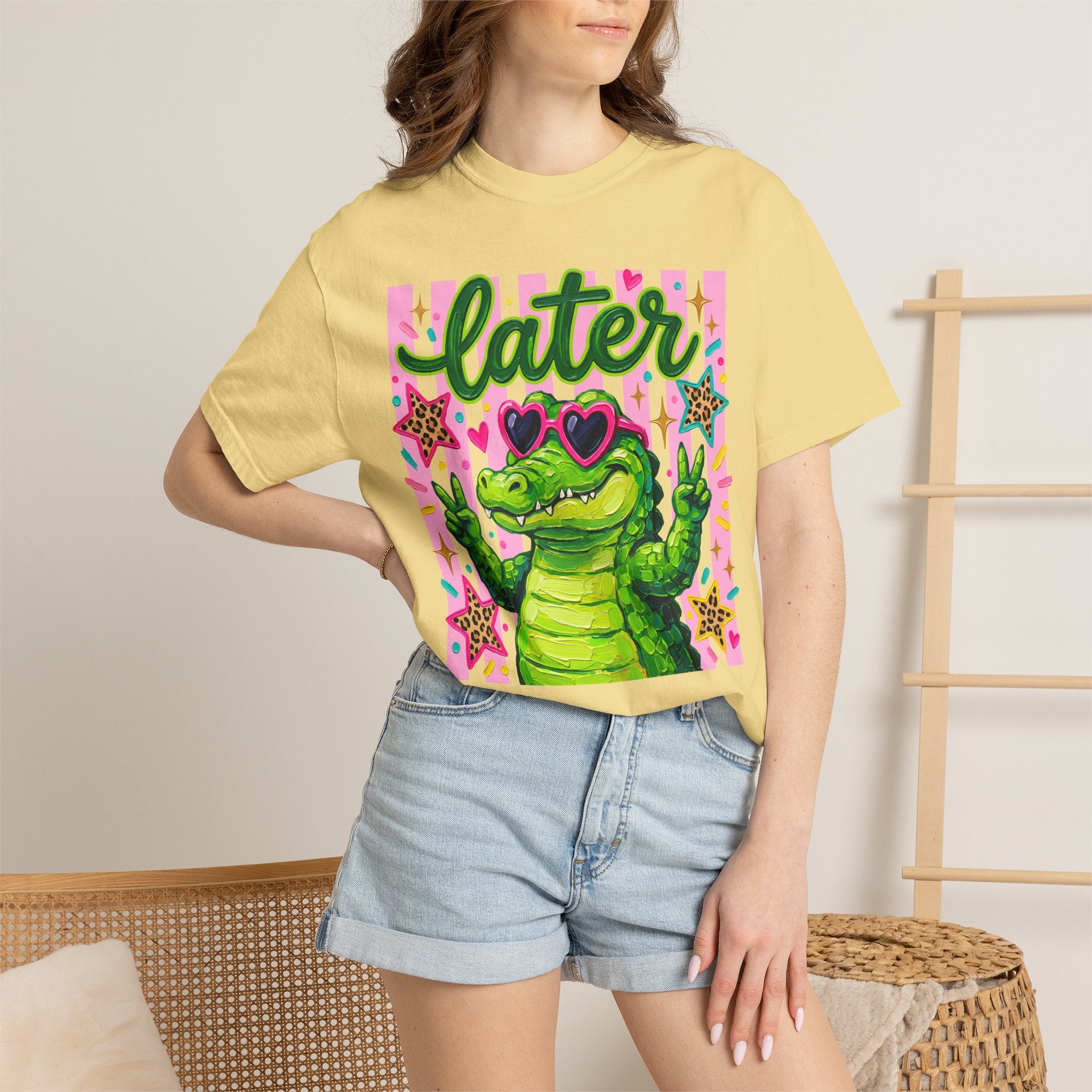 Funny Coquette Faux Brushstroke Stripped T-Shirt - Funny Alligator with Sunglasses Tee