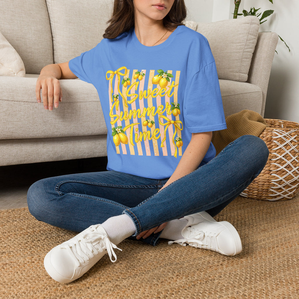 Sweet Summer Lemon Striped T-Shirt - Cute Bows Colorful Summer T-Shirt. Midnight Eye, LLC