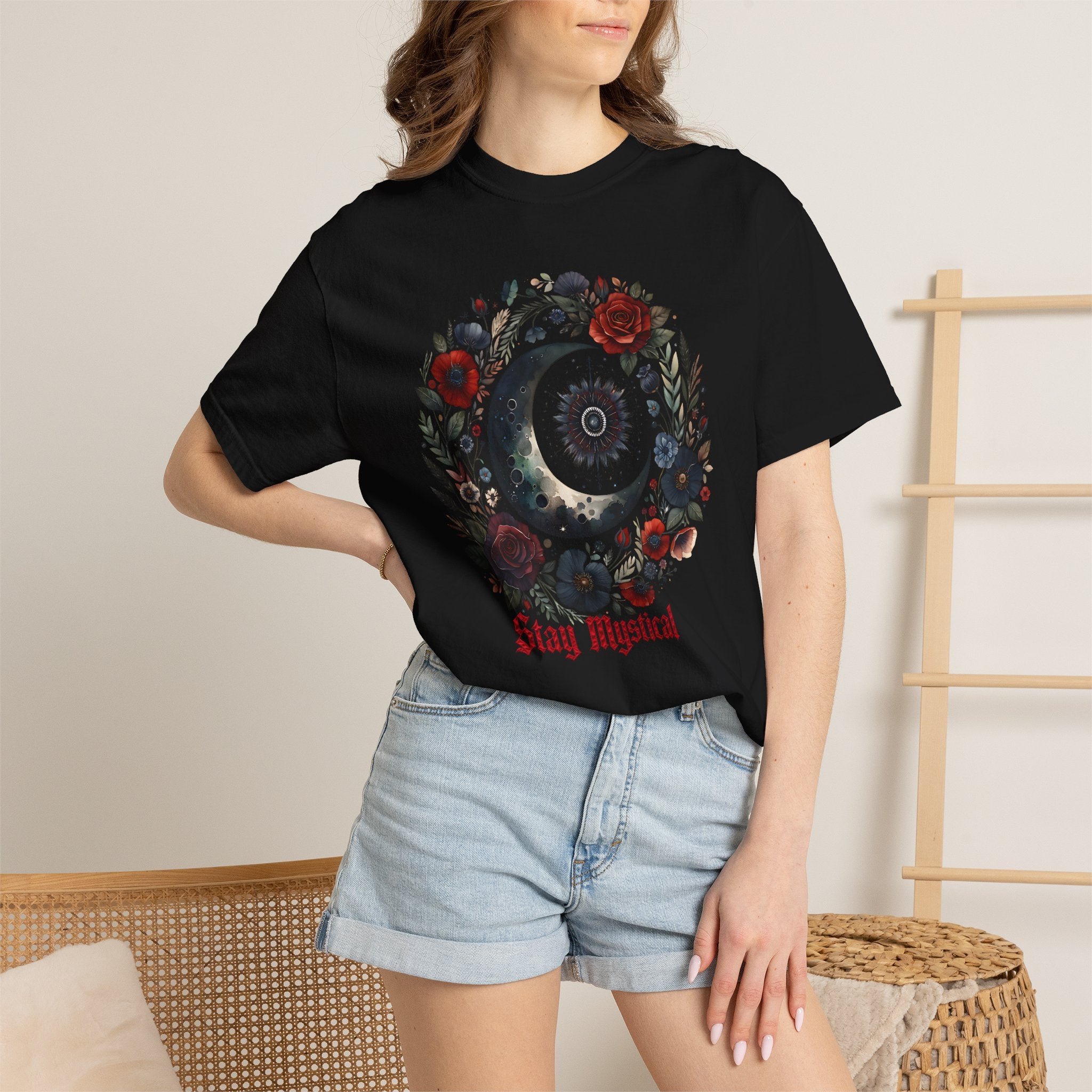 Mystical Moon T-Shirt — “Stay Mystical” Floral Crescent Tee - Dark Aesthetic T-Shirt - Midnight Eye, LLC