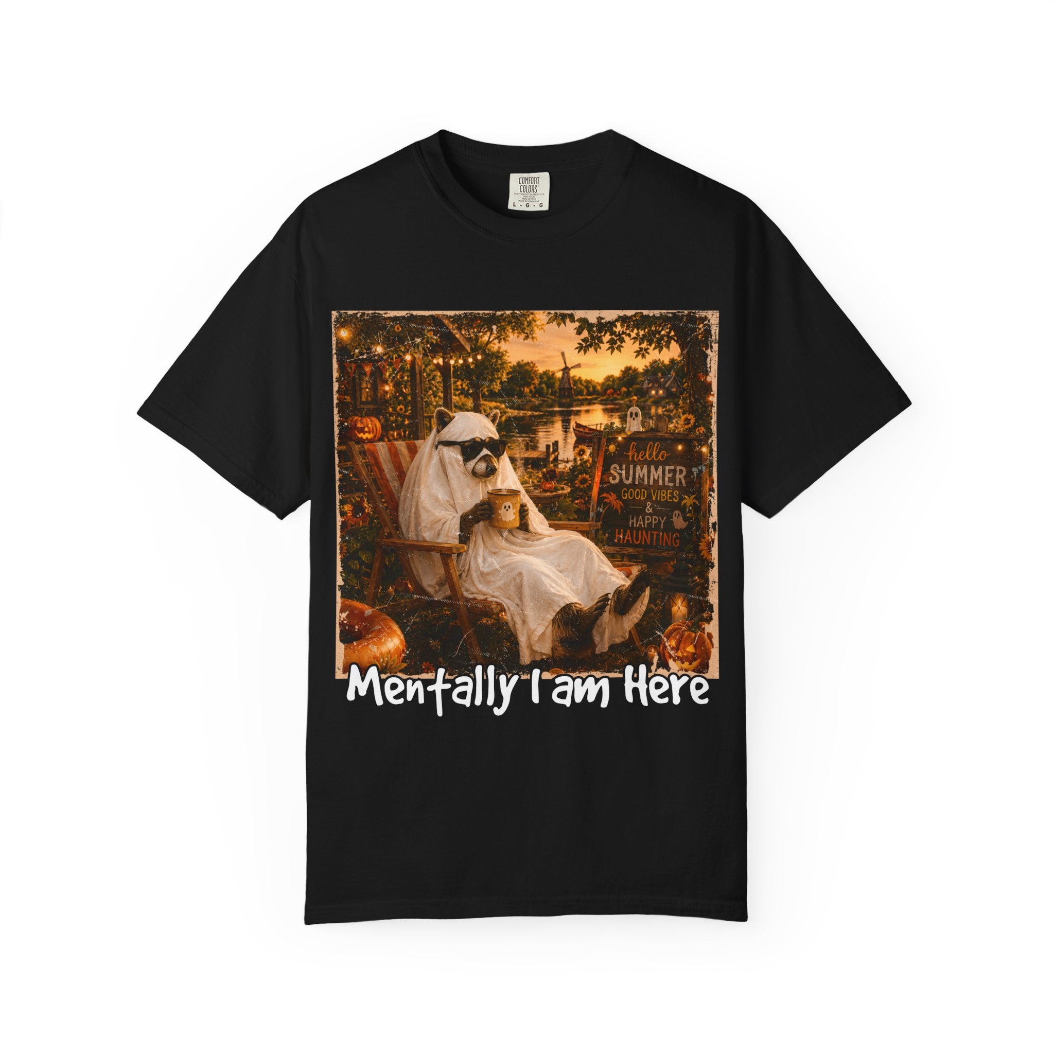 Mentally I Am Here Beach Racoon T-Shirt - Ghost Racoon Summerween Tee