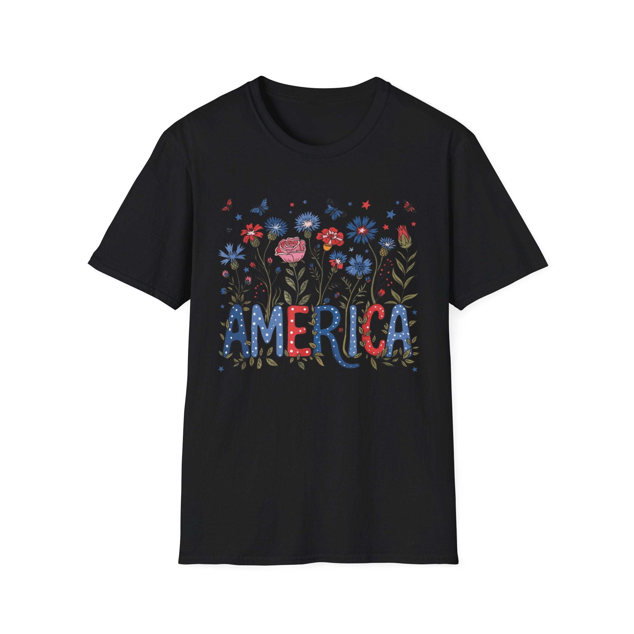 America Floral T‑Shirt — Patriotic Red, White & Blue Garden Graphic Tee - 4th of July T-Shirt - Midnight Eye, LLC