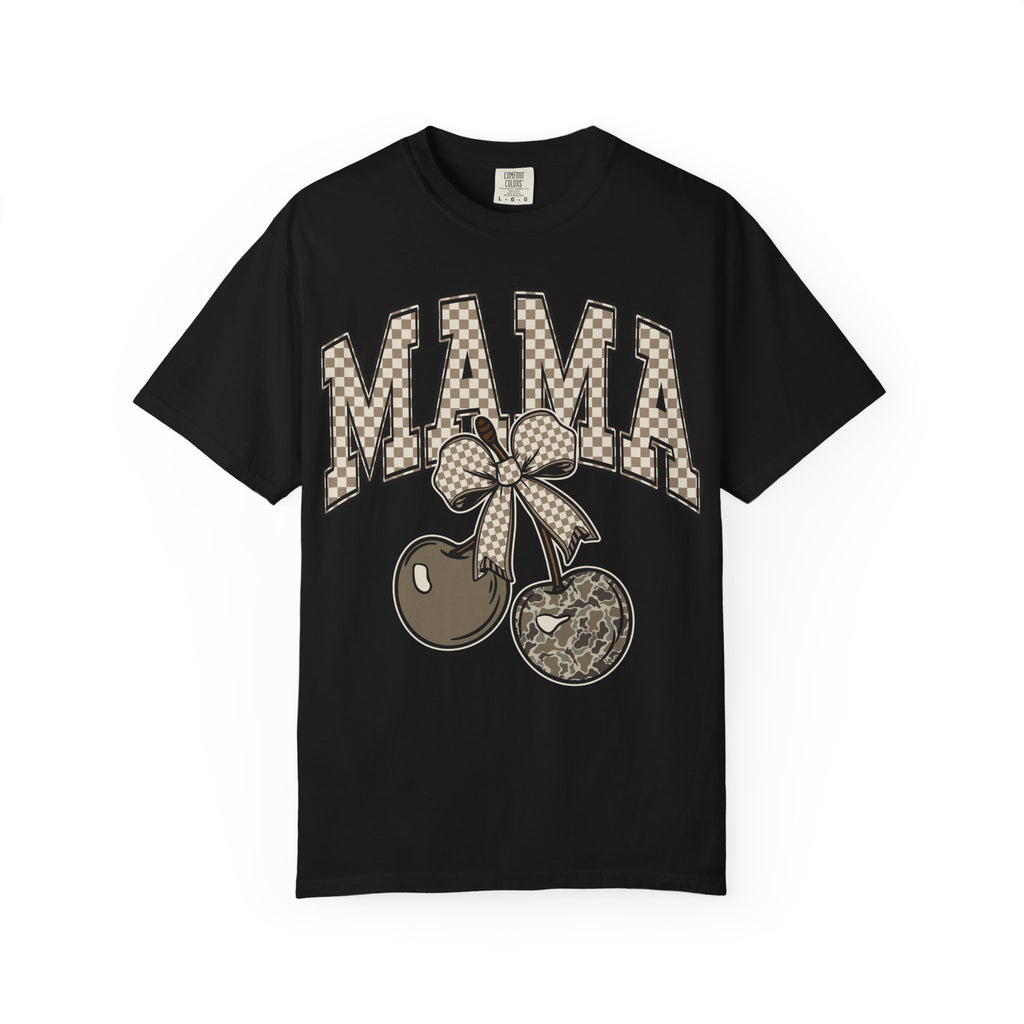 Mama Cherry Graphic T-Shirt — Retro Checkerboard Cherry Design. Midnight Eye, LLC