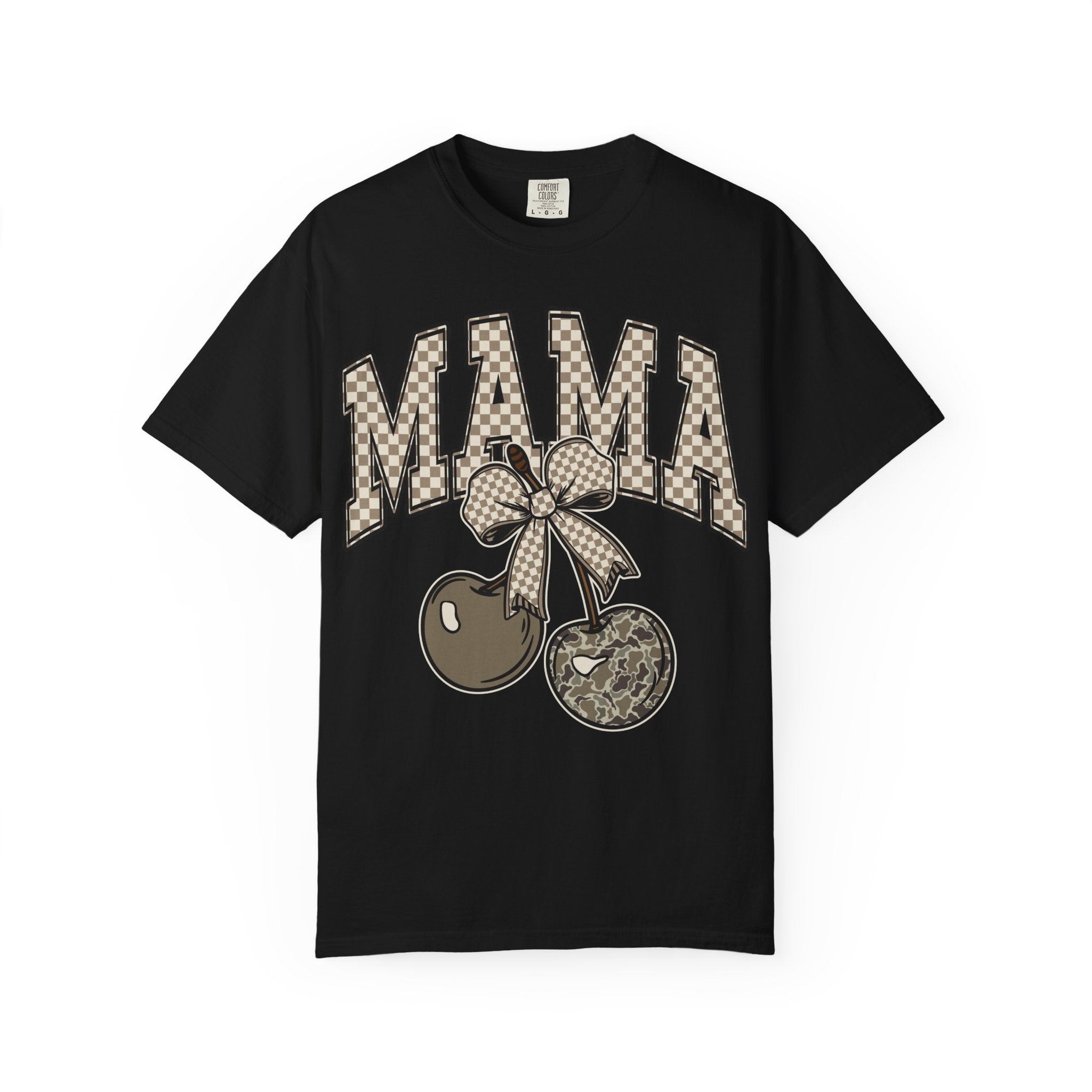 Mama Cherry Graphic T-Shirt — Retro Checkerboard Cherry Design. Midnight Eye, LLC