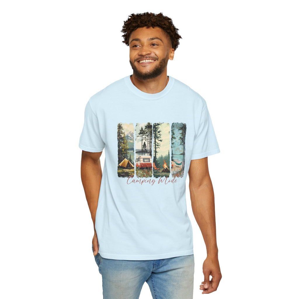 Camping Vibes T-Shirt — 'Camping Mode' Scenic Camper Retro Graphic Tee - Family Adventure Tee - Outdoor Tee - Midnight Eye, LLC