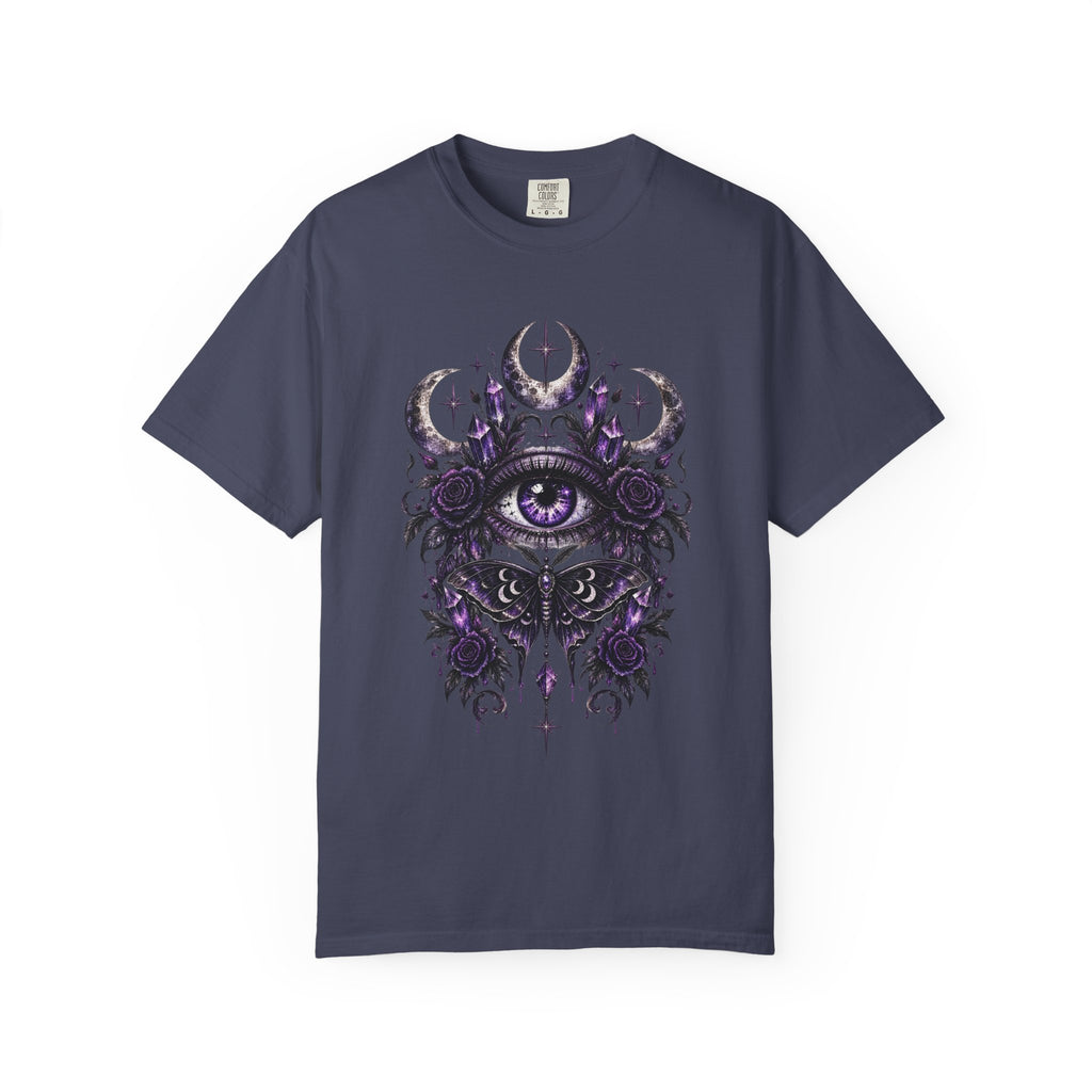 Mystic Eye and Moon T-Shirt — Purple Occult Floral Graphic Tee. Midnight Eye, LLC