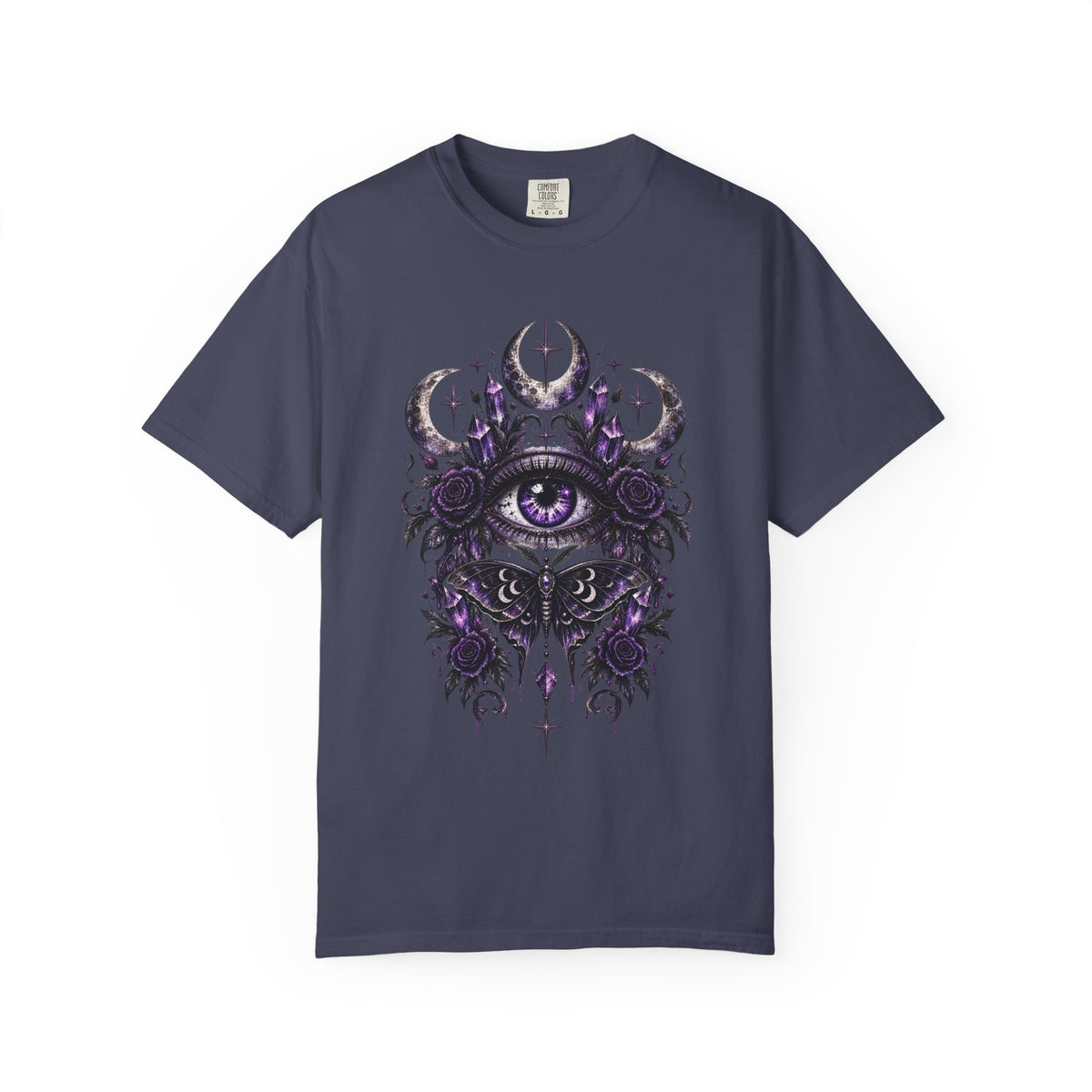 Mystic Eye and Moon T-Shirt — Purple Occult Floral Graphic Tee. Midnight Eye, LLC