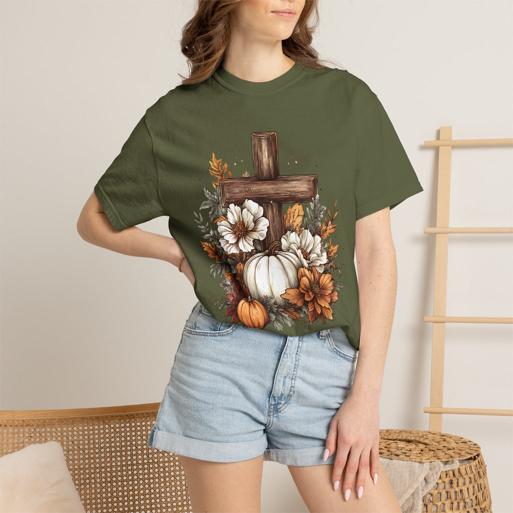 Faithful Fall Cross T-Shirt — Pumpkin & Floral Autumn Christian Tee. Midnight Eye, LLC