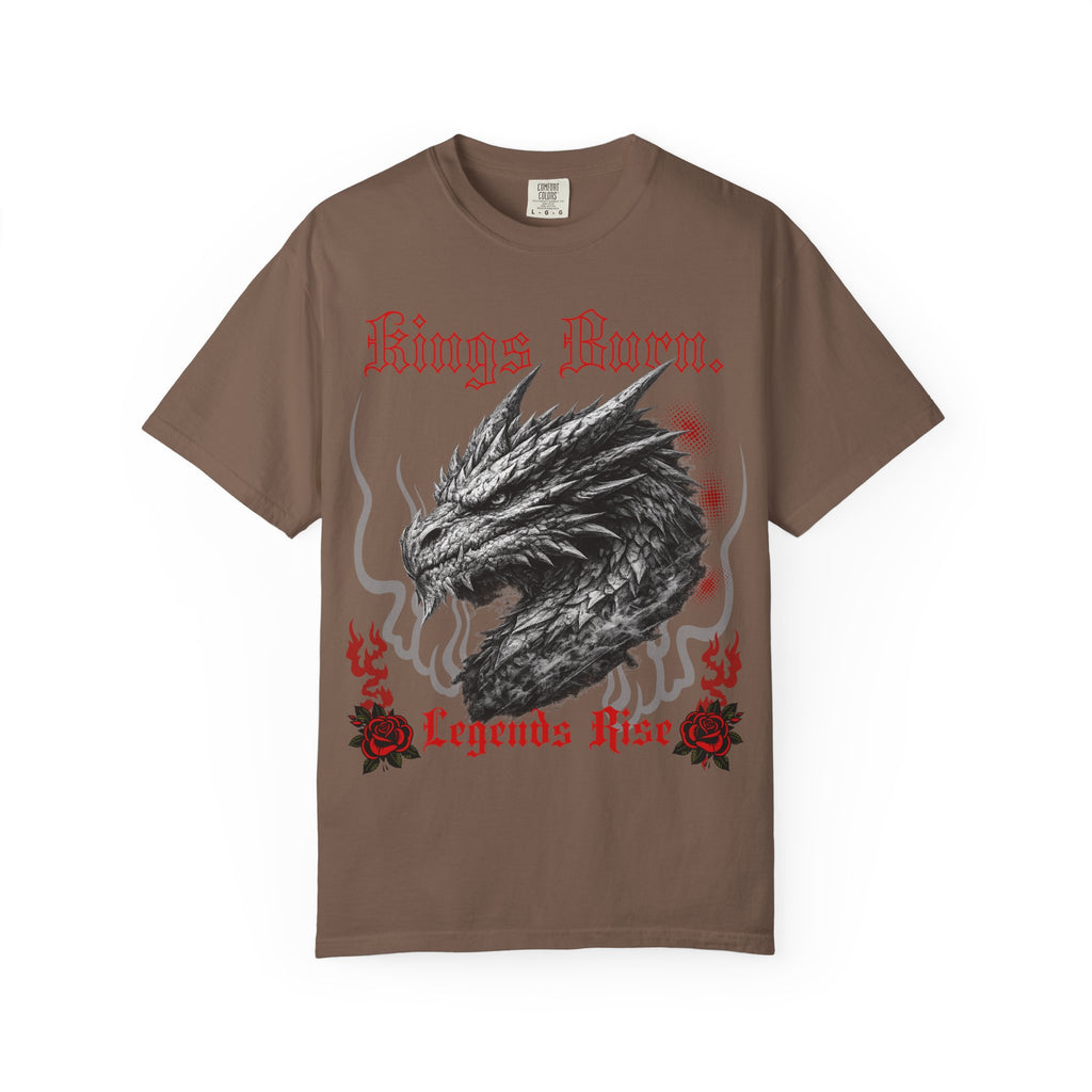 Dragon Head T-Shirt — "Kings Burn. Legends Rise." Red Rose Tattoo Graphic T-Shirt. Midnight Eye, LLC.