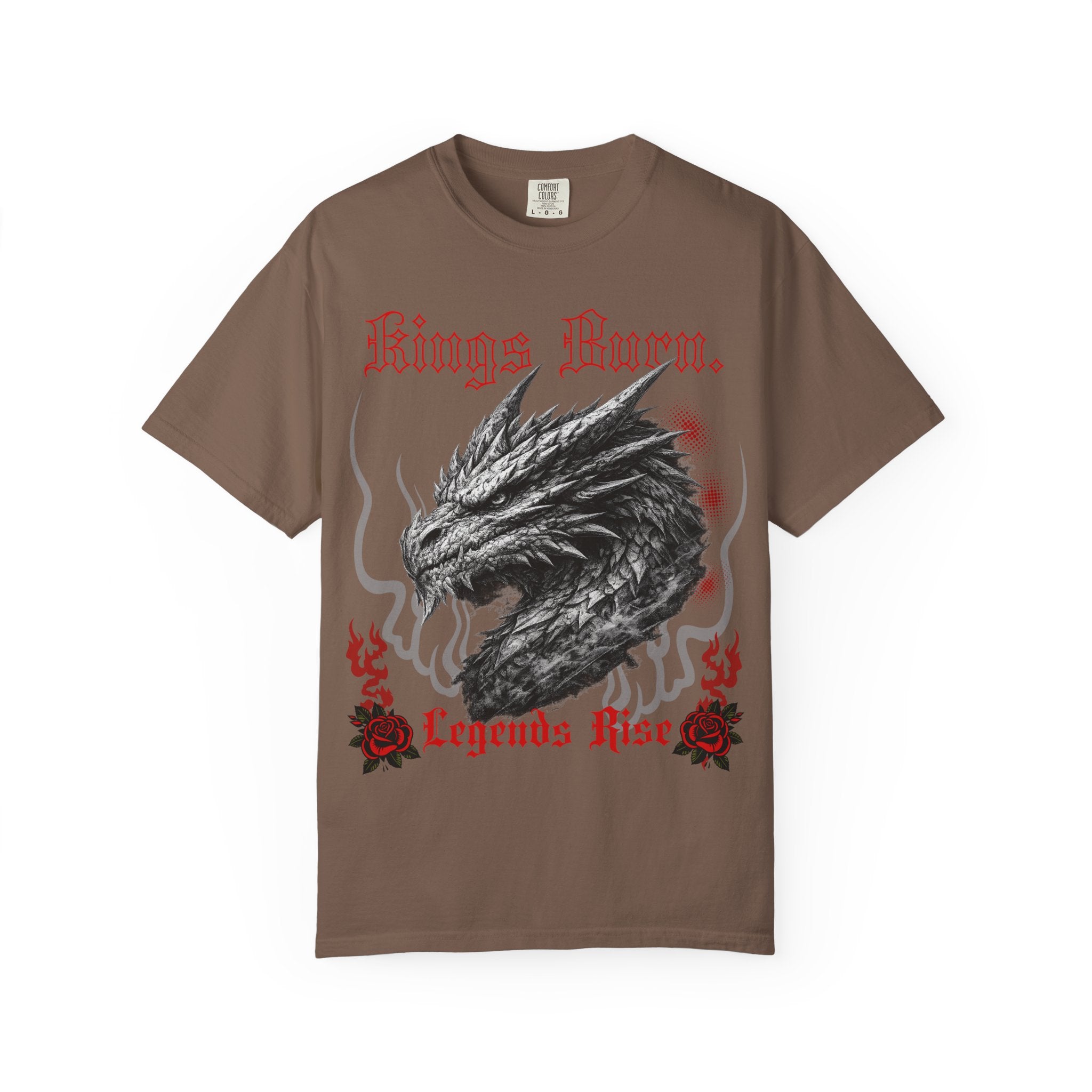 Dragon Head T-Shirt — "Kings Burn. Legends Rise." Red Rose Tattoo Graphic T-Shirt. Midnight Eye, LLC.
