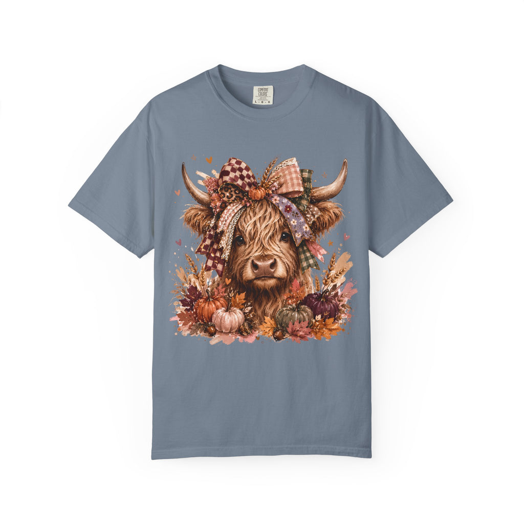 Autumn Highland Cow T-Shirt — Cute Fall Cow and Pumpkins Graphic Tee. Midnight Eye, LLC