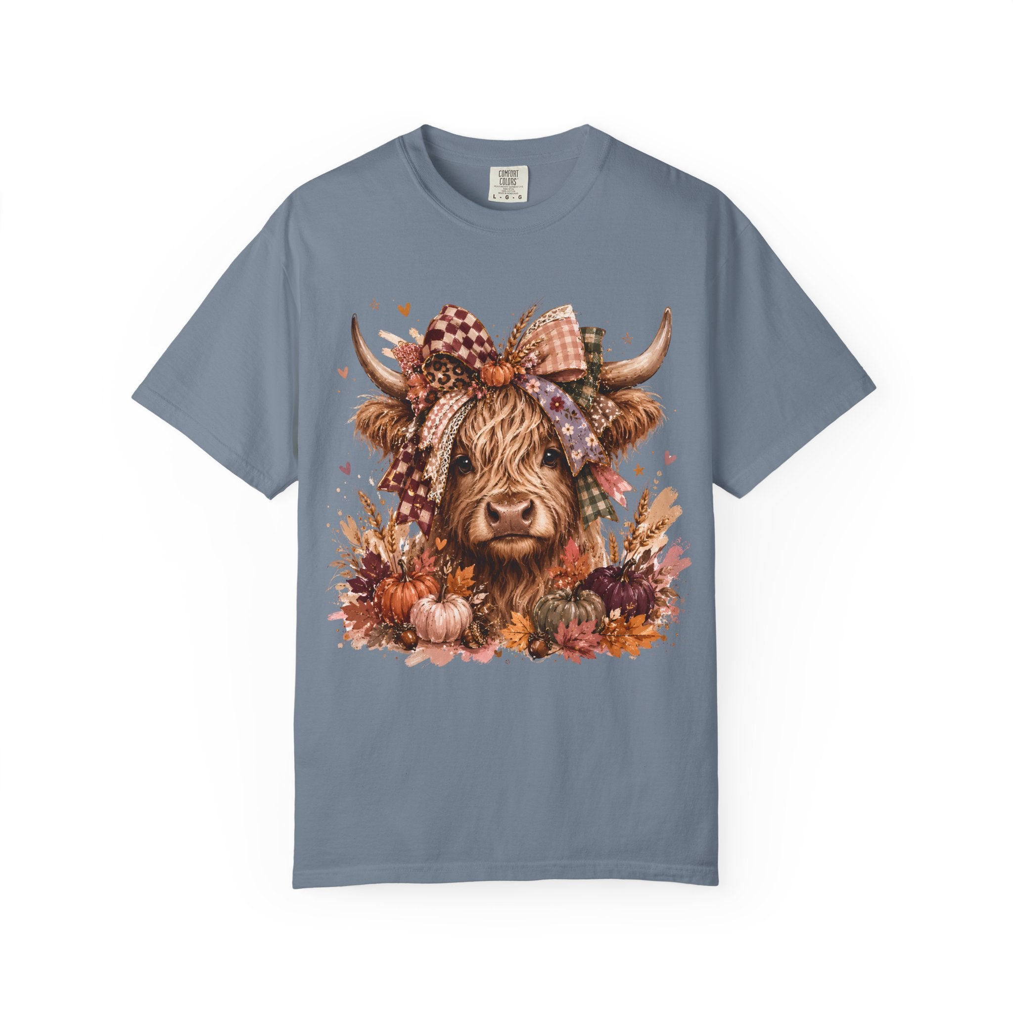 Autumn Highland Cow T-Shirt — Cute Fall Cow and Pumpkins Graphic Tee. Midnight Eye, LLC