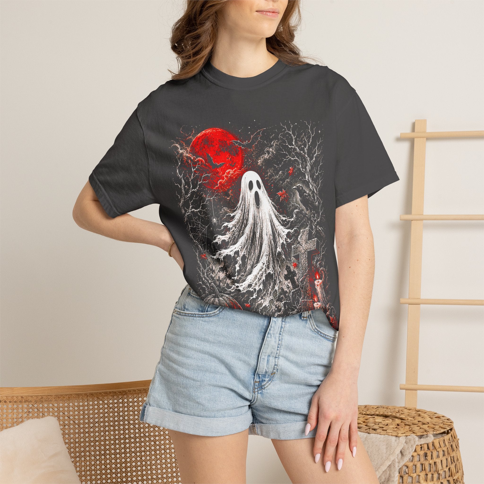 Halloween Ghost T-Shirt — Spooky Graveyard Design with Red Moon. Midnight Eye, LLC.