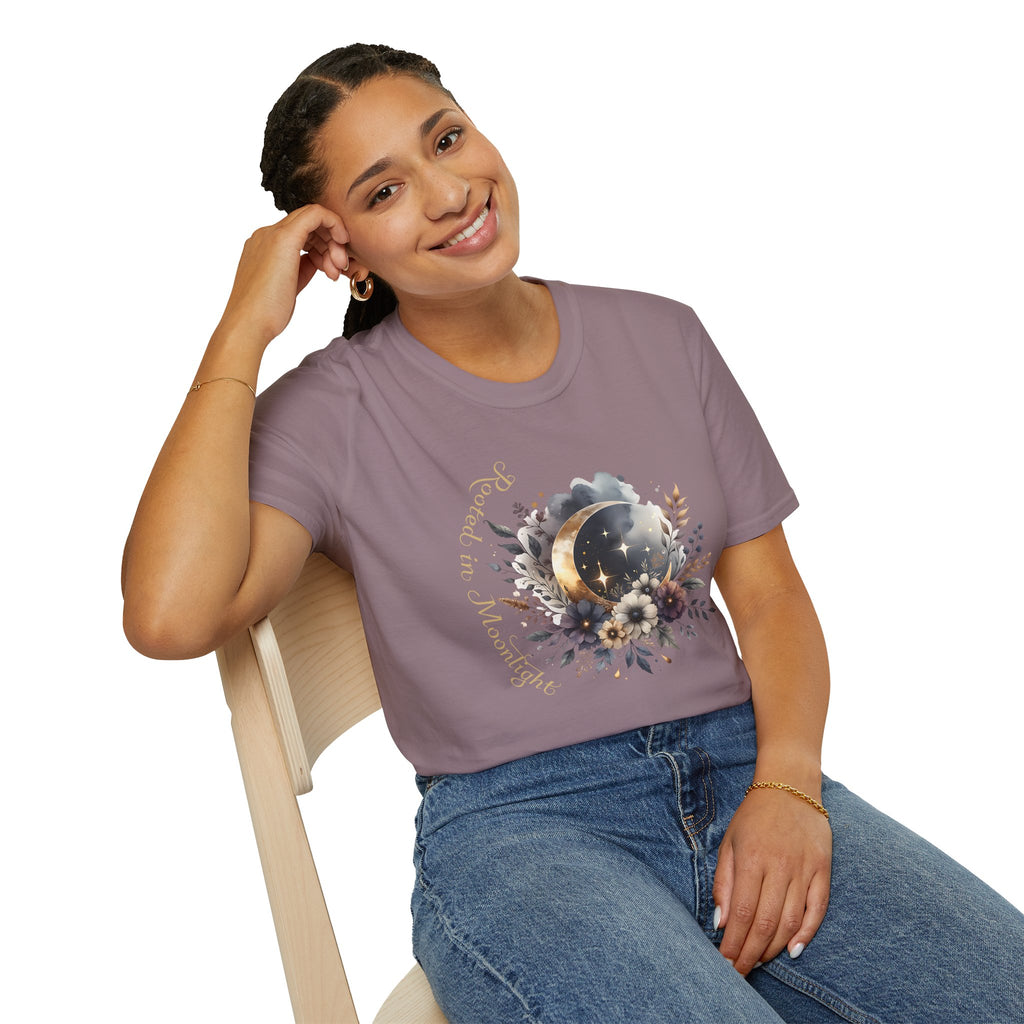 Moonlight Floral T-Shirt — 'Rooted in Moonlight' Celestial Floral Graphic Tee - Mystical Tee - Midnight Eye, LLC