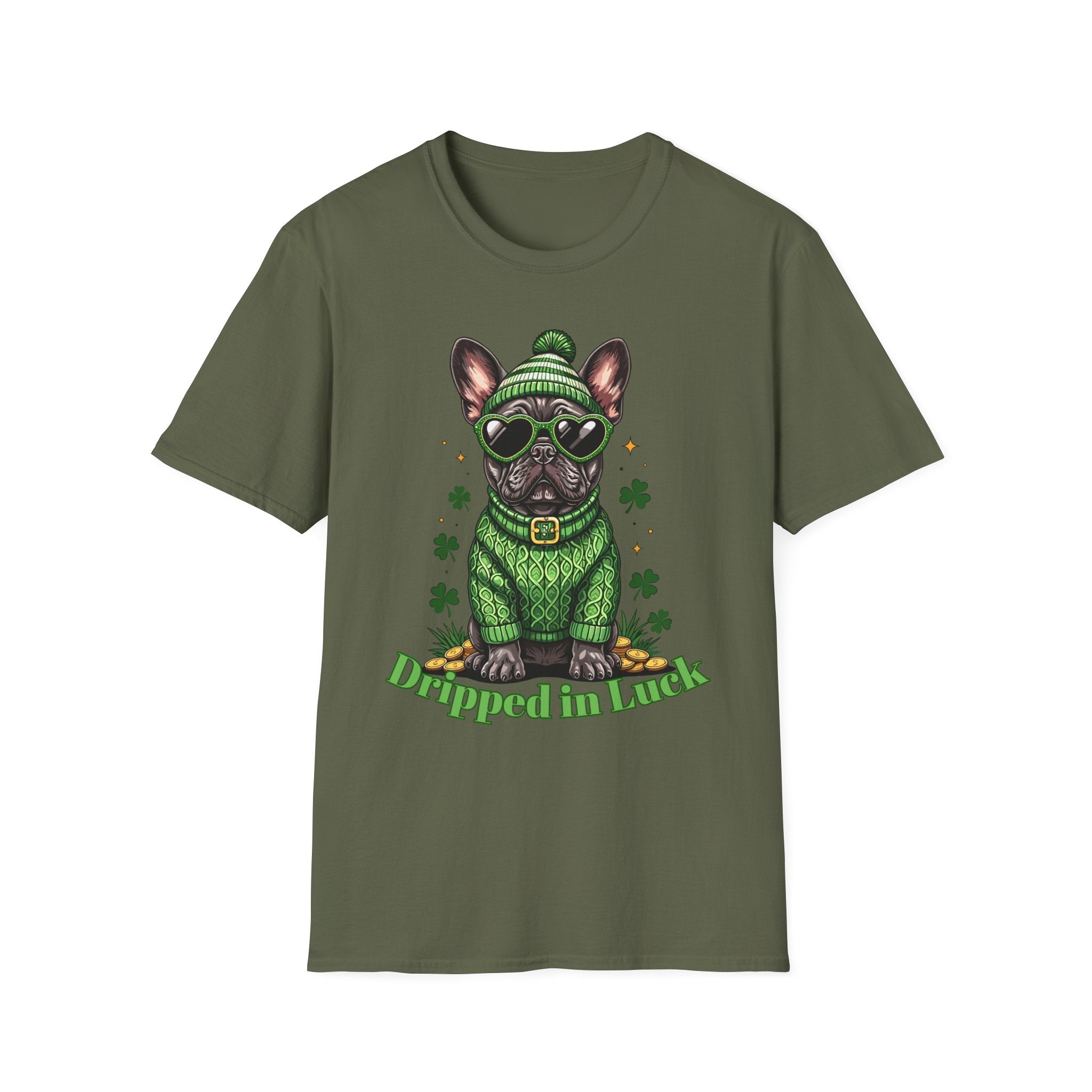 Green t-shirt with a dog graphic and 'Dipped in Luck' text on a white background
