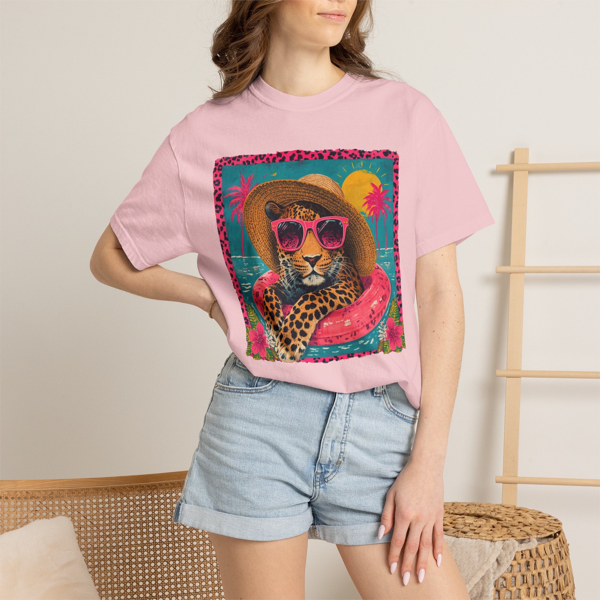 T-Shirt — Tropical Leopard in Sunglasses Summer Graphic - Sassy Vacation T-Shirt. Midnight Eye, LLC.