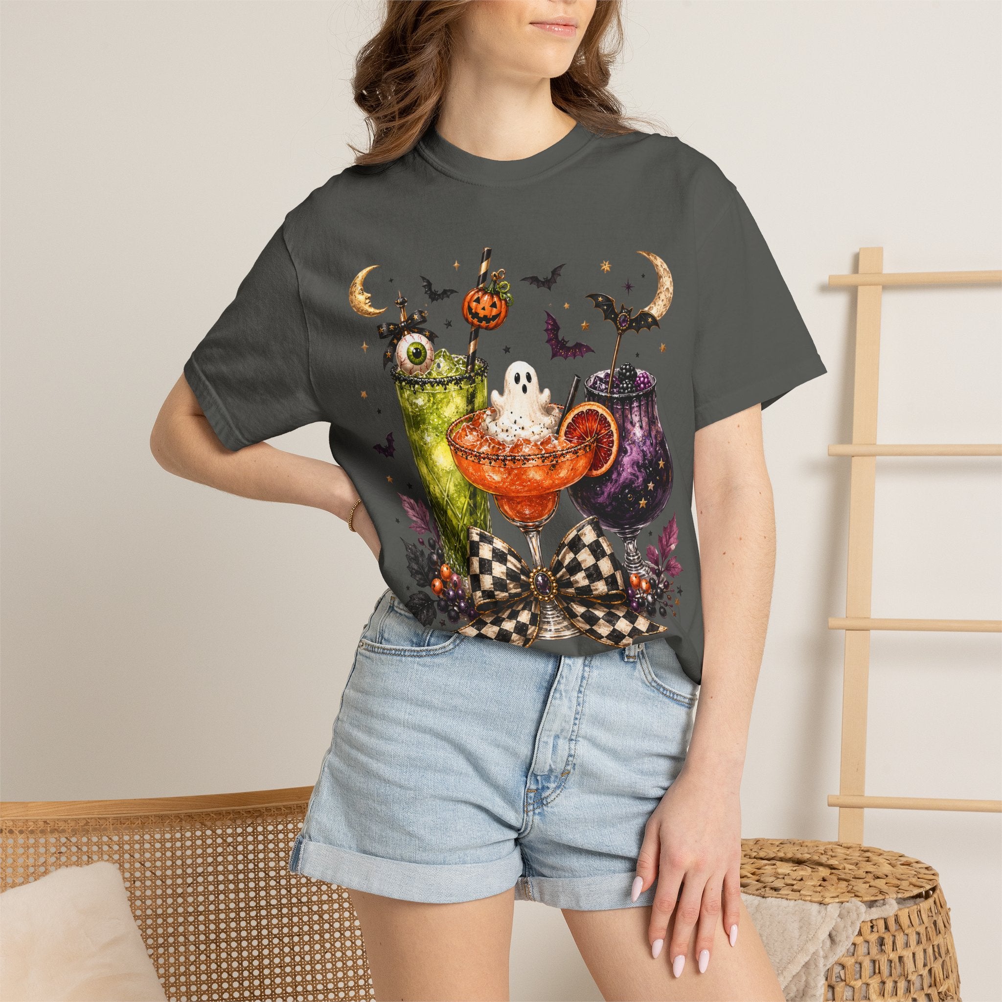 Halloween Cocktail T-Shirt — Spooky Drinks, Cute Bats & Pumpkins. Midnight Eye, LLC