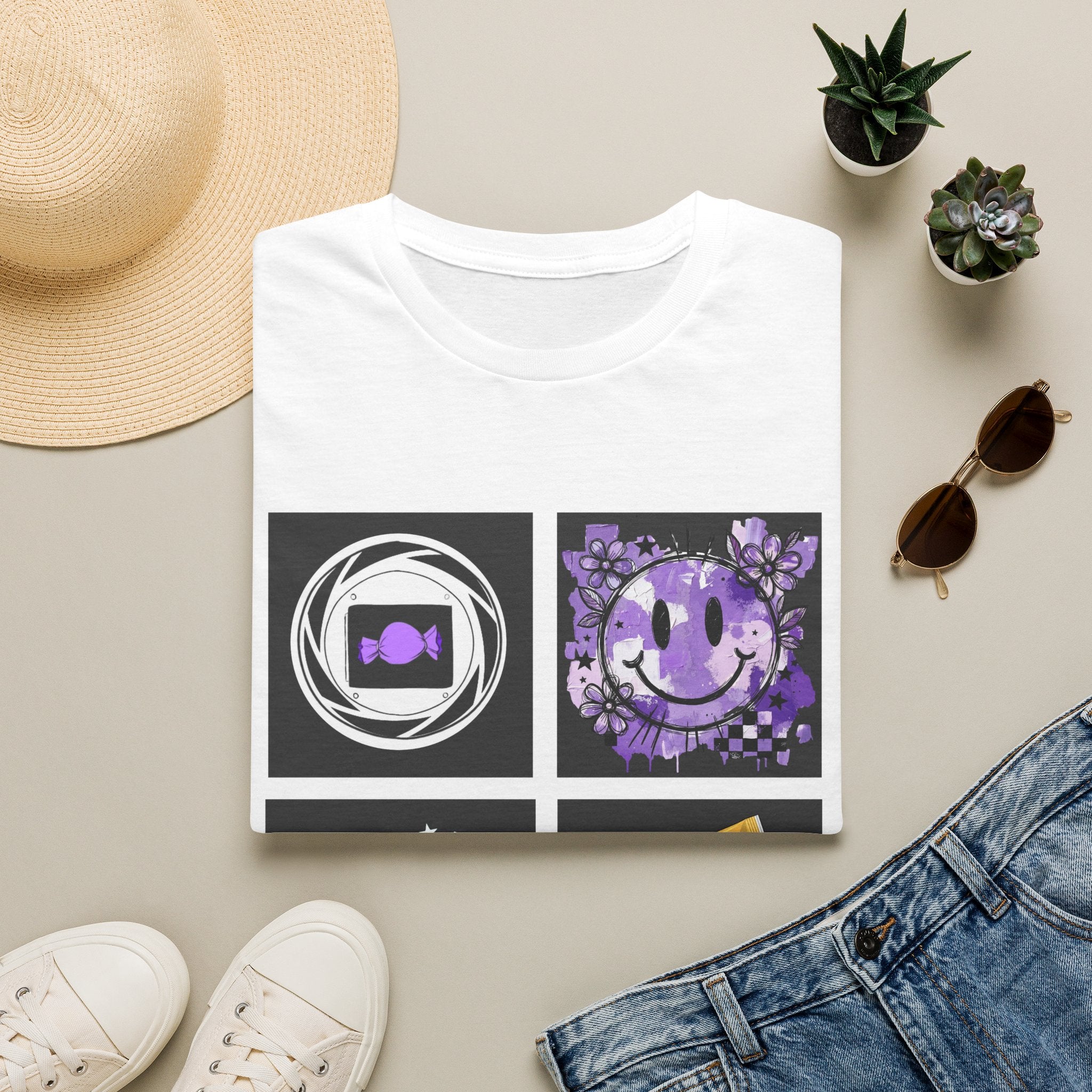 Women's Tee — Retro Purple Icons: Smiley, Peace Sign & Cassette Graphic - Midnight Eye, LLC