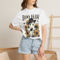 Boo Haw T-Shirt — Halloween Ghost with Cowboy Hat & Sunflowers. Midnight Eye, LLC