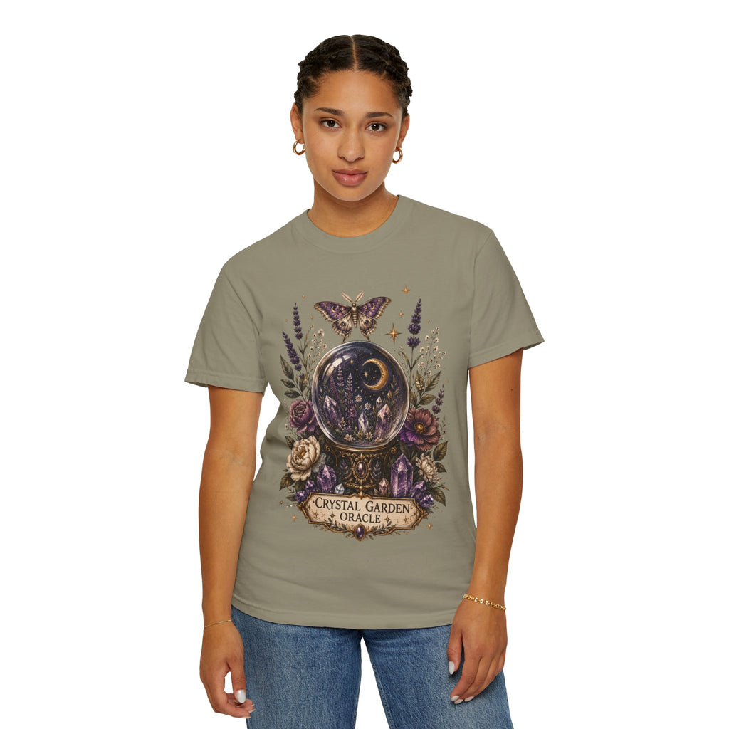 Crystal Garden Oracle T-Shirt — Mystical Moon & Crystal Ball Graphic Tee. Midnight Eye, LLC