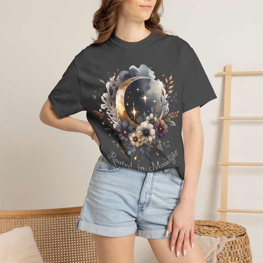 Moonlight Blooms T-Shirt — 'Rooted in Moonlight' Floral Crescent Moon Tee. Midnight Eye, LLC