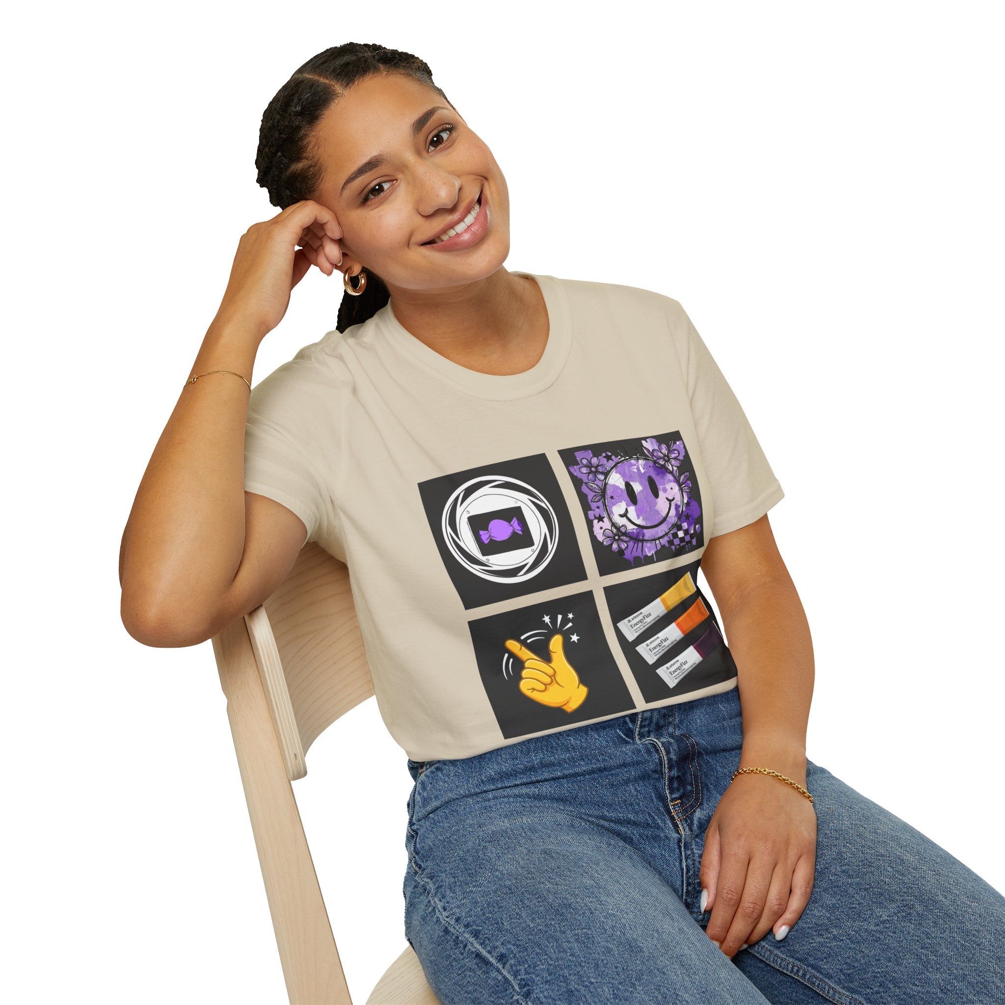 Women's Tee — Retro Purple Icons: Smiley, Peace Sign & Cassette Graphic - Midnight Eye, LLC