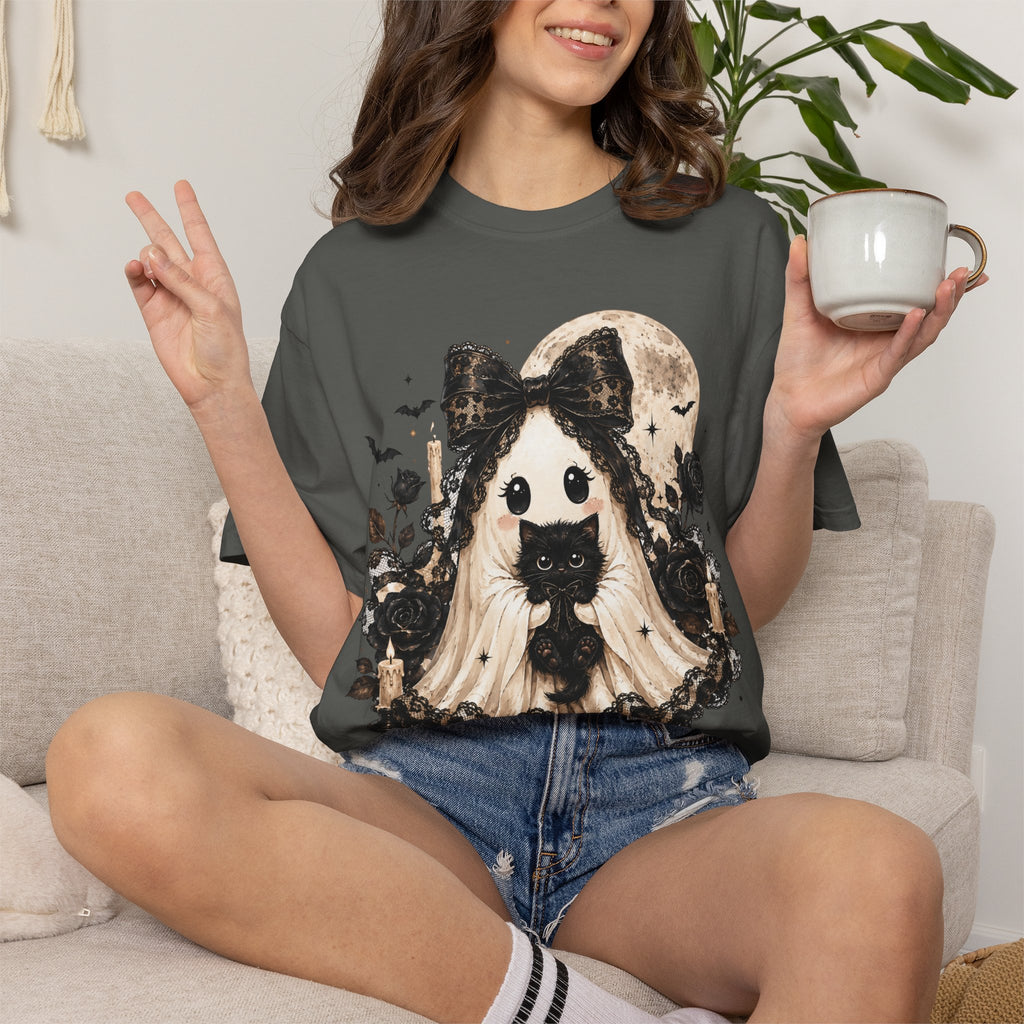 Halloween Gothic Girl Ghost with Black Cat T-Shirt - Whimsy Goth Halloween Tee