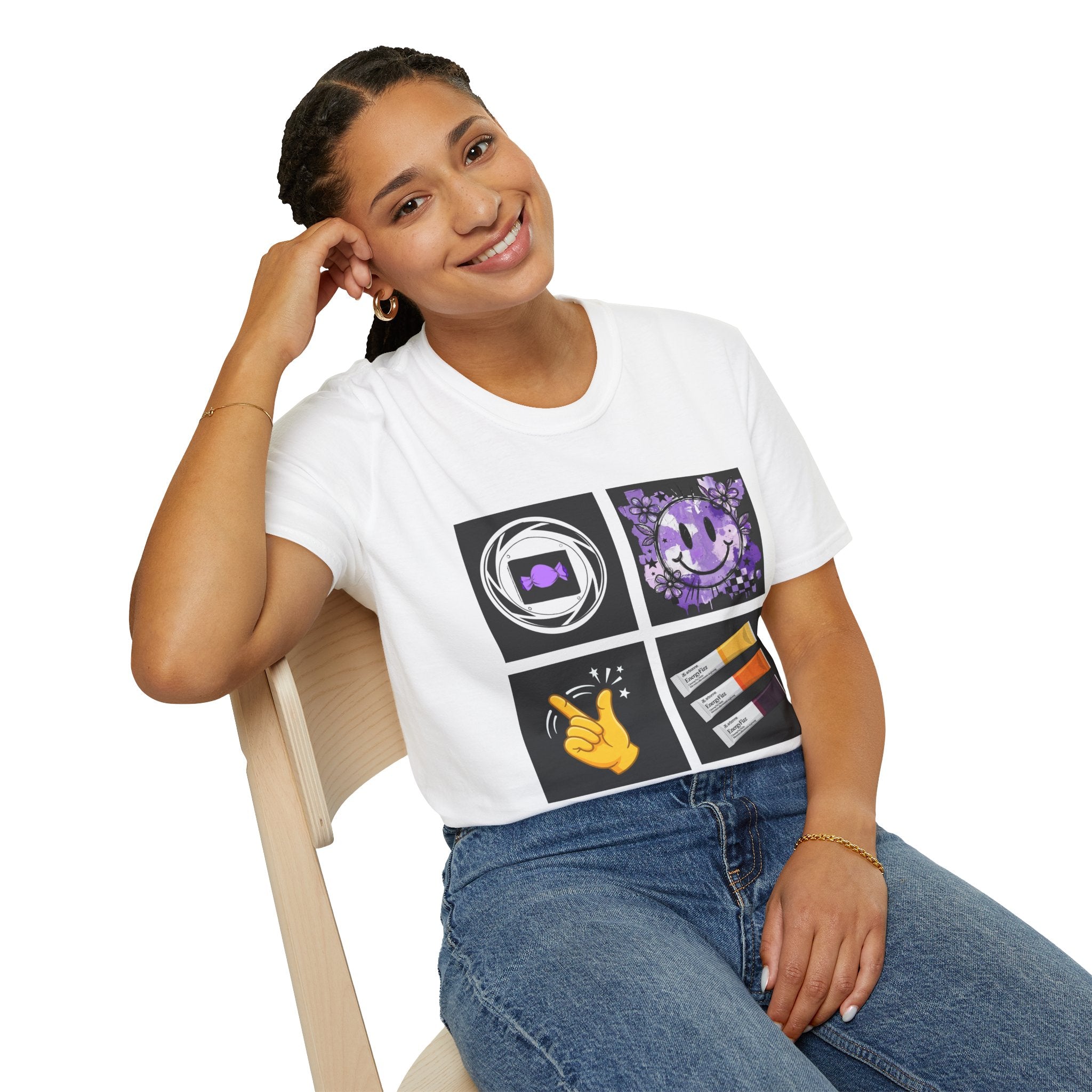 Women's Tee — Retro Purple Icons: Smiley, Peace Sign & Cassette Graphic - Midnight Eye, LLC