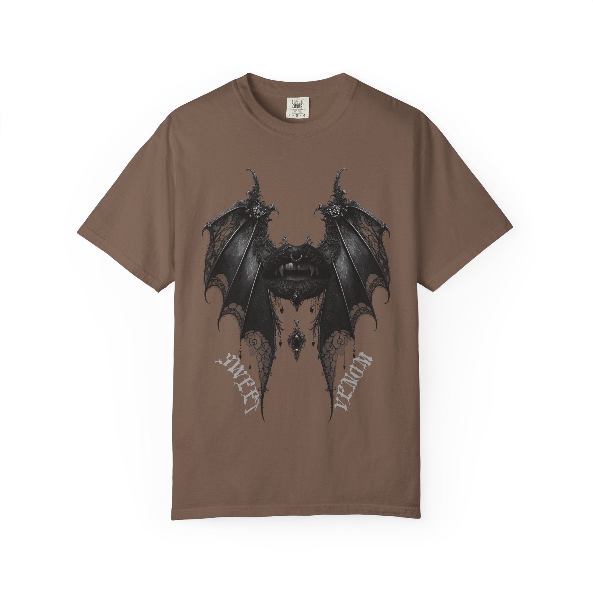 Gothic Bat Wings and Black Vampire Lips Graphic T-shirt - Gothic Black Lips Tee. Midnight Eye, LLC