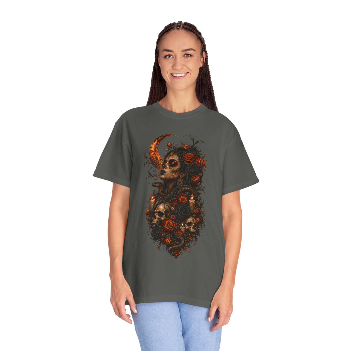 Skull & Rose Moon Tee — Gothic Floral Graphic T-Shirt - Day of the Dead Tee. Midnight Eye, LLC