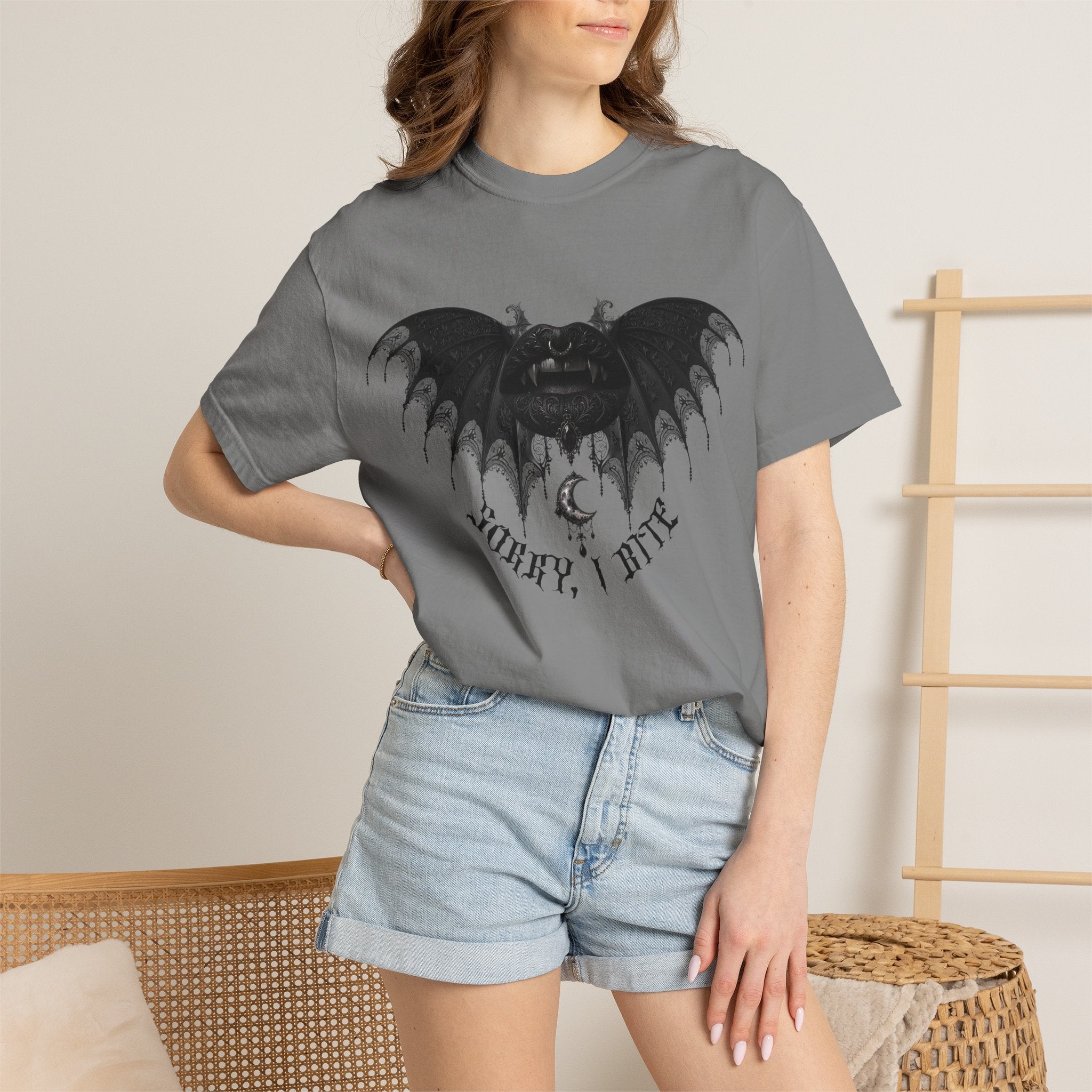 Gothic Bat Wings T‑Shirt — Dark Vampire Black Lips Graphic Tee