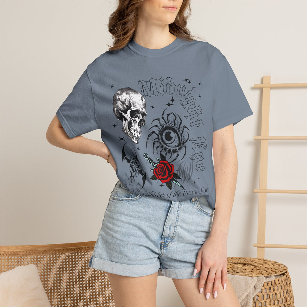 Skull, Red Rose & Eye Tattoo Art T-Shirt — Gothic Streetwear Tee. Midnight Eye, LLC