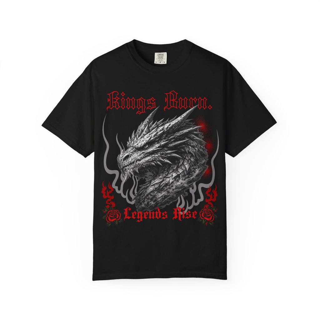 Dragon Head T-Shirt — "Kings Burn. Legends Rise." Red Rose Tattoo Graphic T-Shirt. Midnight Eye, LLC.