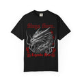 Dragon Head T-Shirt — "Kings Burn. Legends Rise." Red Rose Tattoo Graphic T-Shirt. Midnight Eye, LLC.
