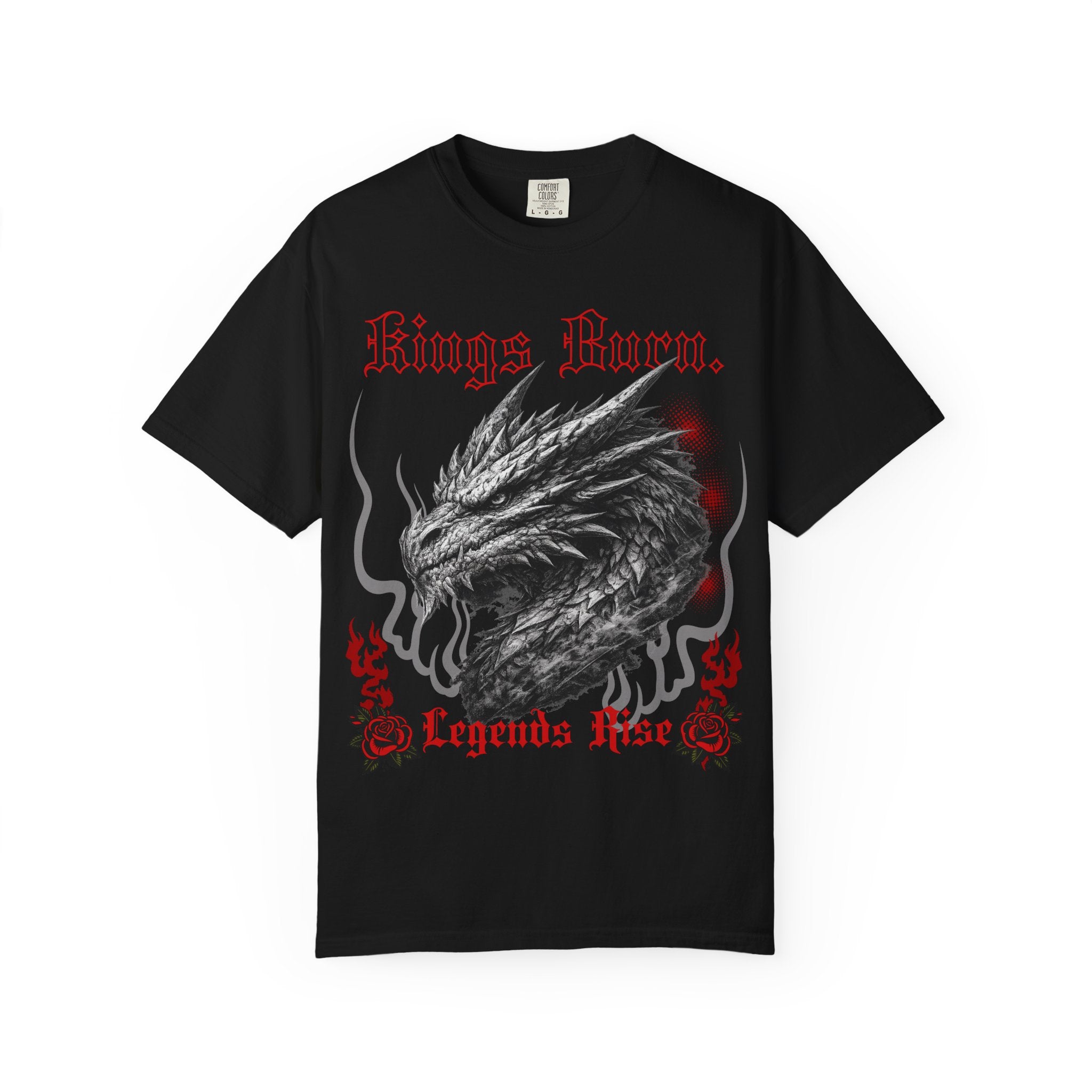 Dragon Head T-Shirt — "Kings Burn. Legends Rise." Red Rose Tattoo Graphic T-Shirt. Midnight Eye, LLC.